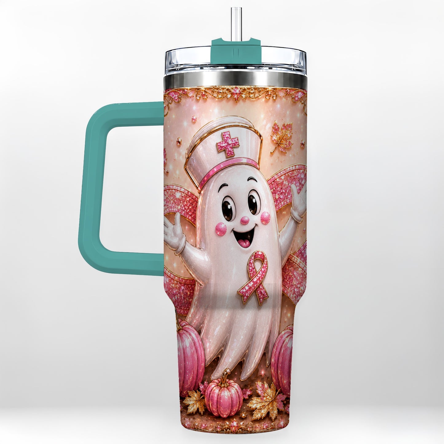 #pl[40oz|Green] Nurse Ghost 40oz Tumbler with Handle, Ribbon Stainless Steel Travel Cup