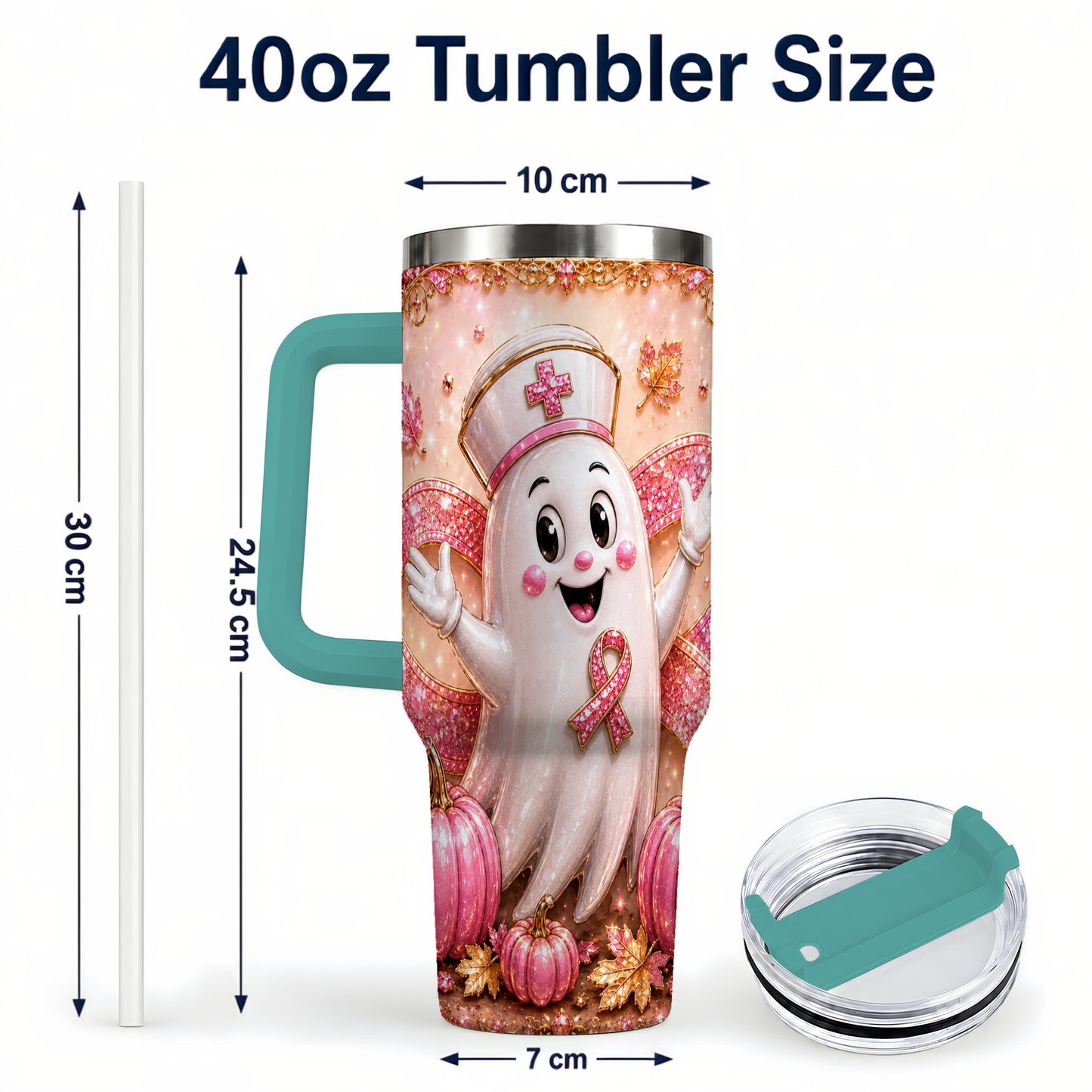#pl[40oz|Green] Nurse Ghost 40oz Tumbler with Handle, Ribbon Stainless Steel Travel Cup