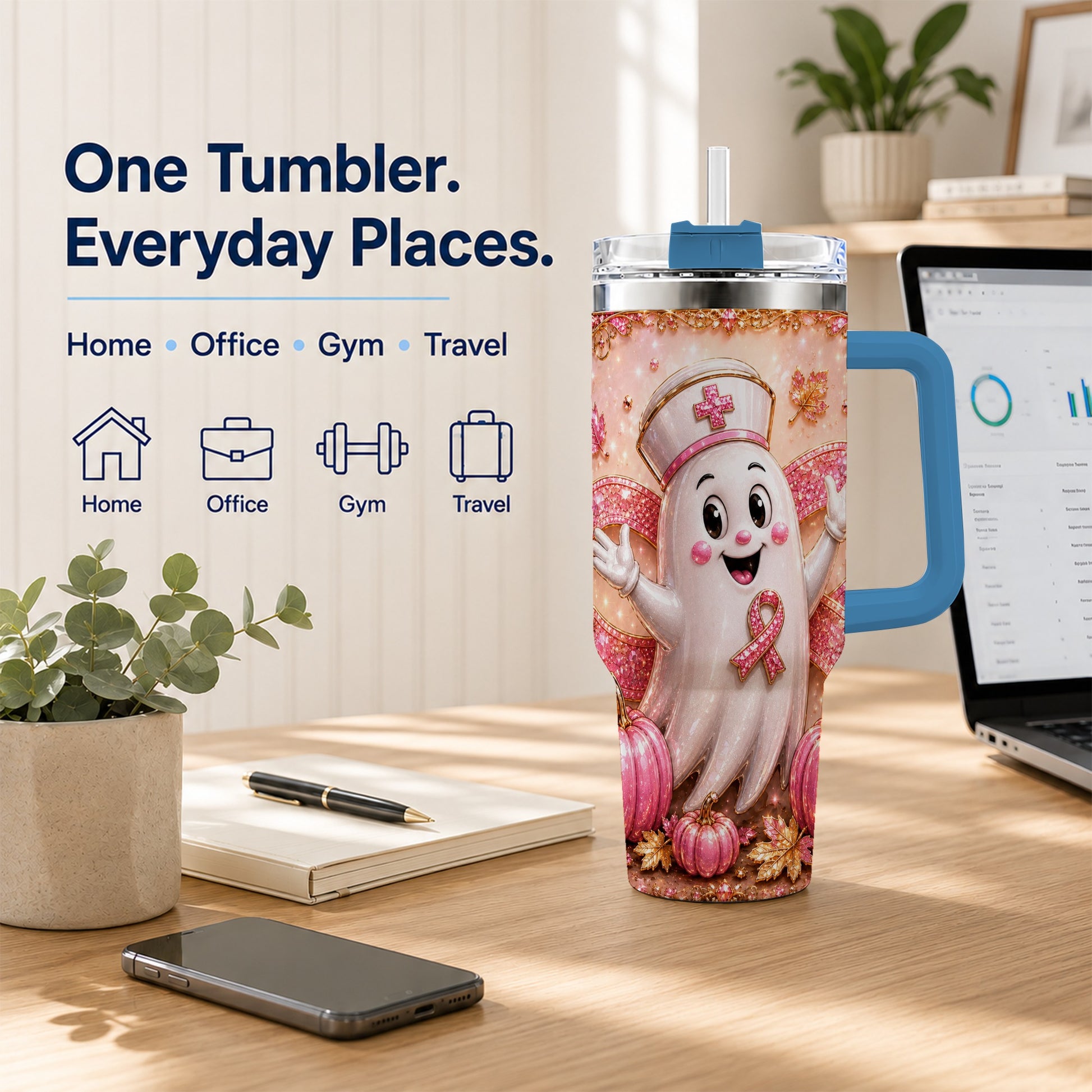 #pl[40oz|Blue] Nurse Ghost 40oz Tumbler with Handle, Ribbon Stainless Steel Travel Cup