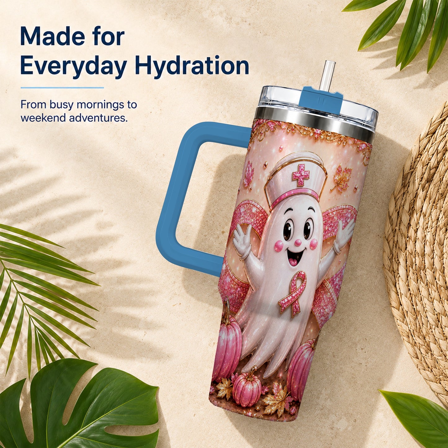 #pl[40oz|Blue] Nurse Ghost 40oz Tumbler with Handle, Ribbon Stainless Steel Travel Cup