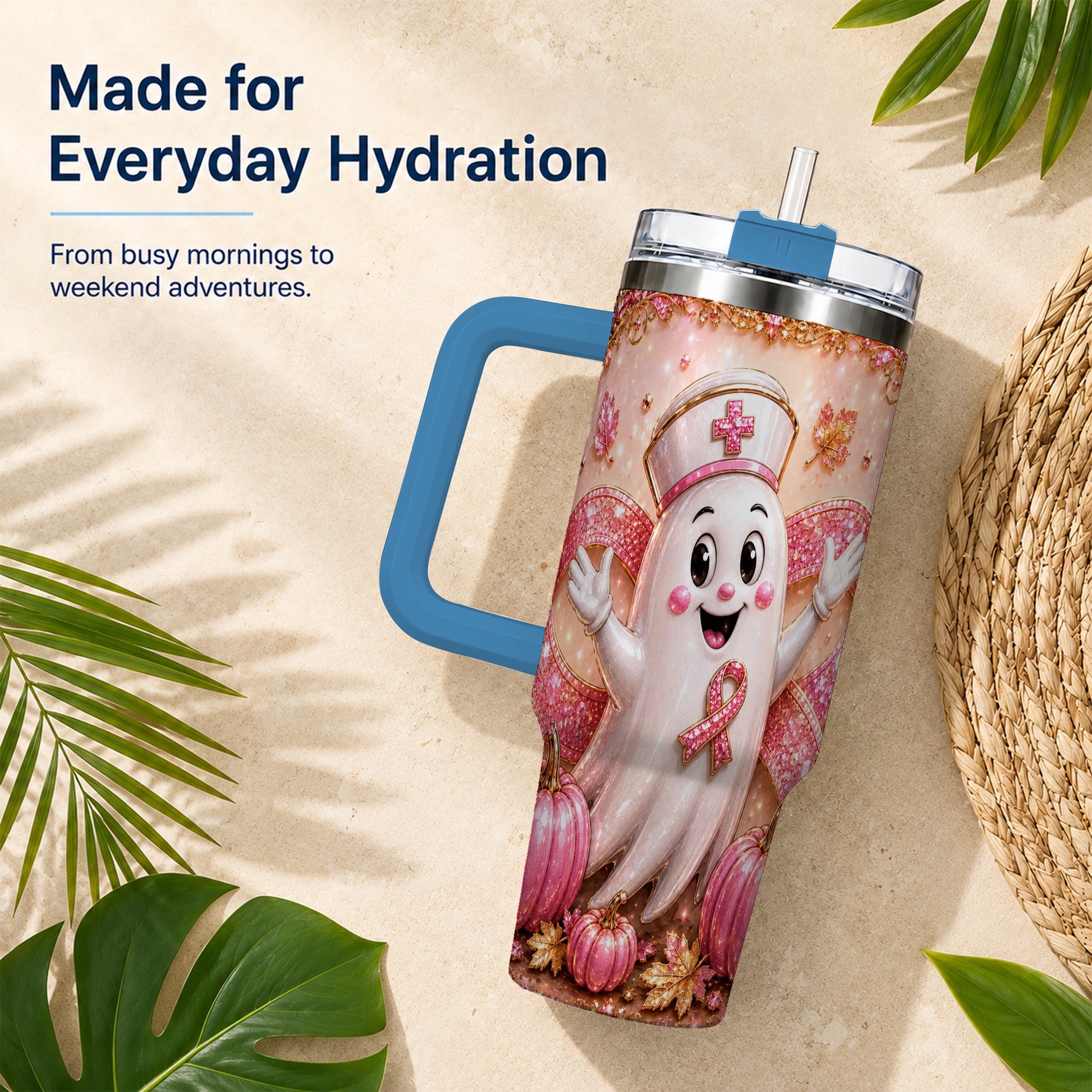 #pl[40oz|Blue] Nurse Ghost 40oz Tumbler with Handle, Ribbon Stainless Steel Travel Cup