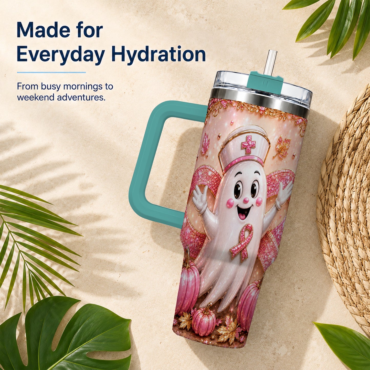 #pl[40oz|Green] Nurse Ghost 40oz Tumbler with Handle, Ribbon Stainless Steel Travel Cup