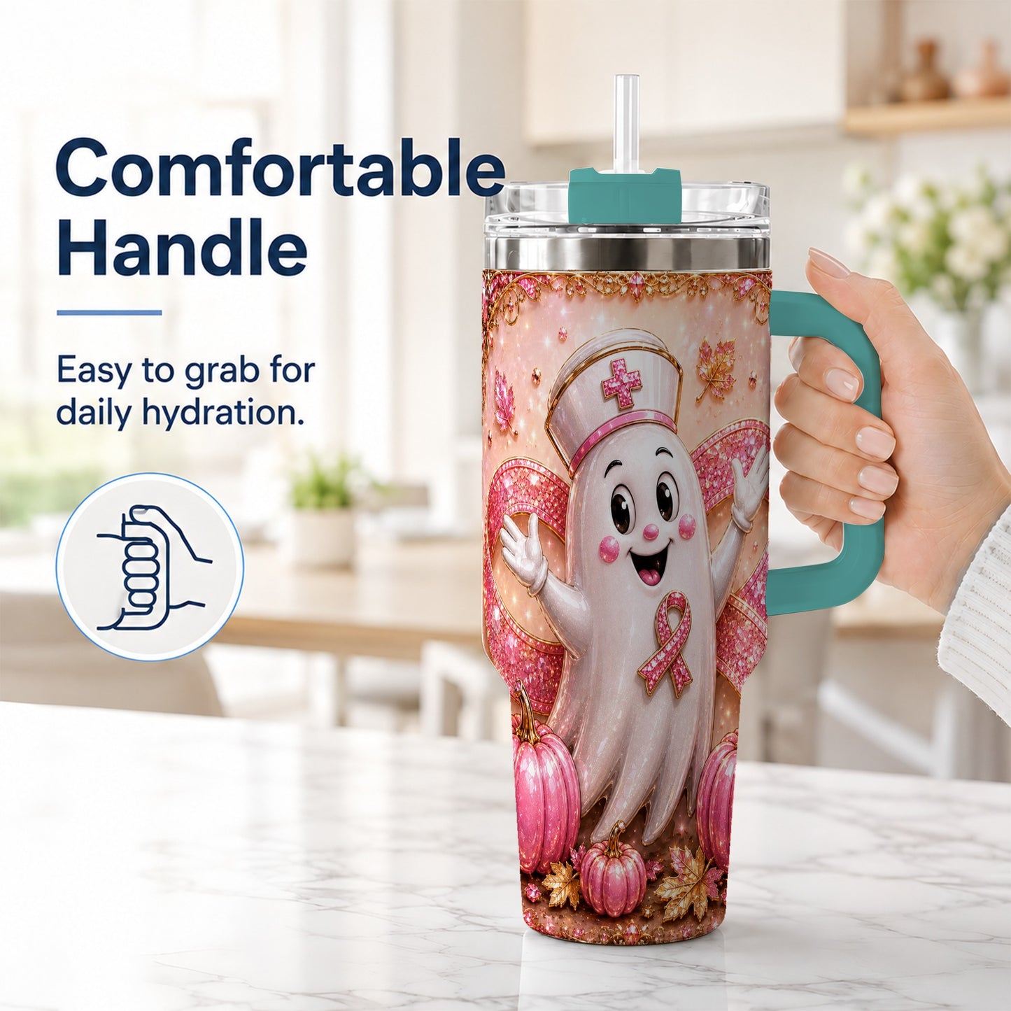 #pl[40oz|Green] Nurse Ghost 40oz Tumbler with Handle, Ribbon Stainless Steel Travel Cup
