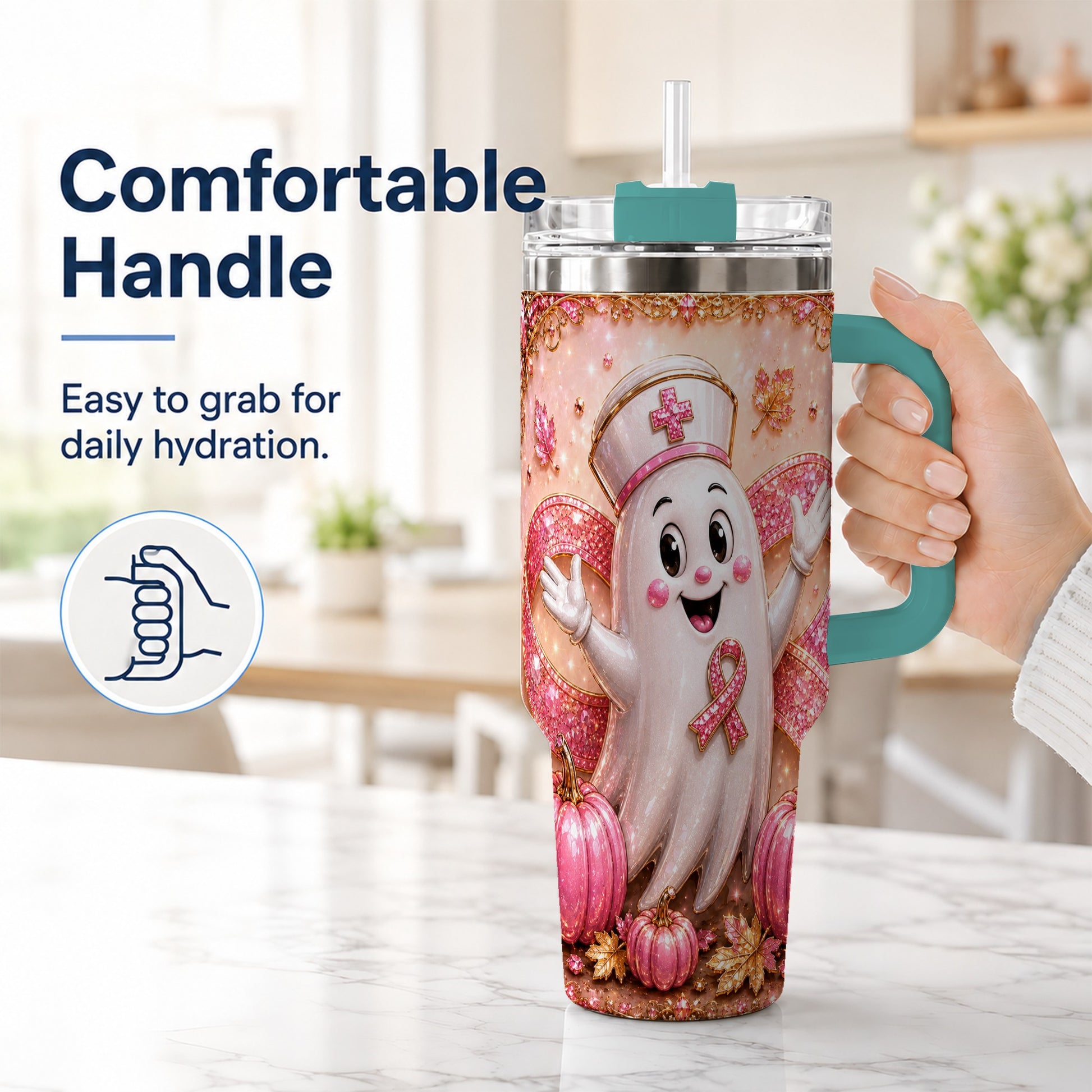 #pl[40oz|Green] Nurse Ghost 40oz Tumbler with Handle, Ribbon Stainless Steel Travel Cup