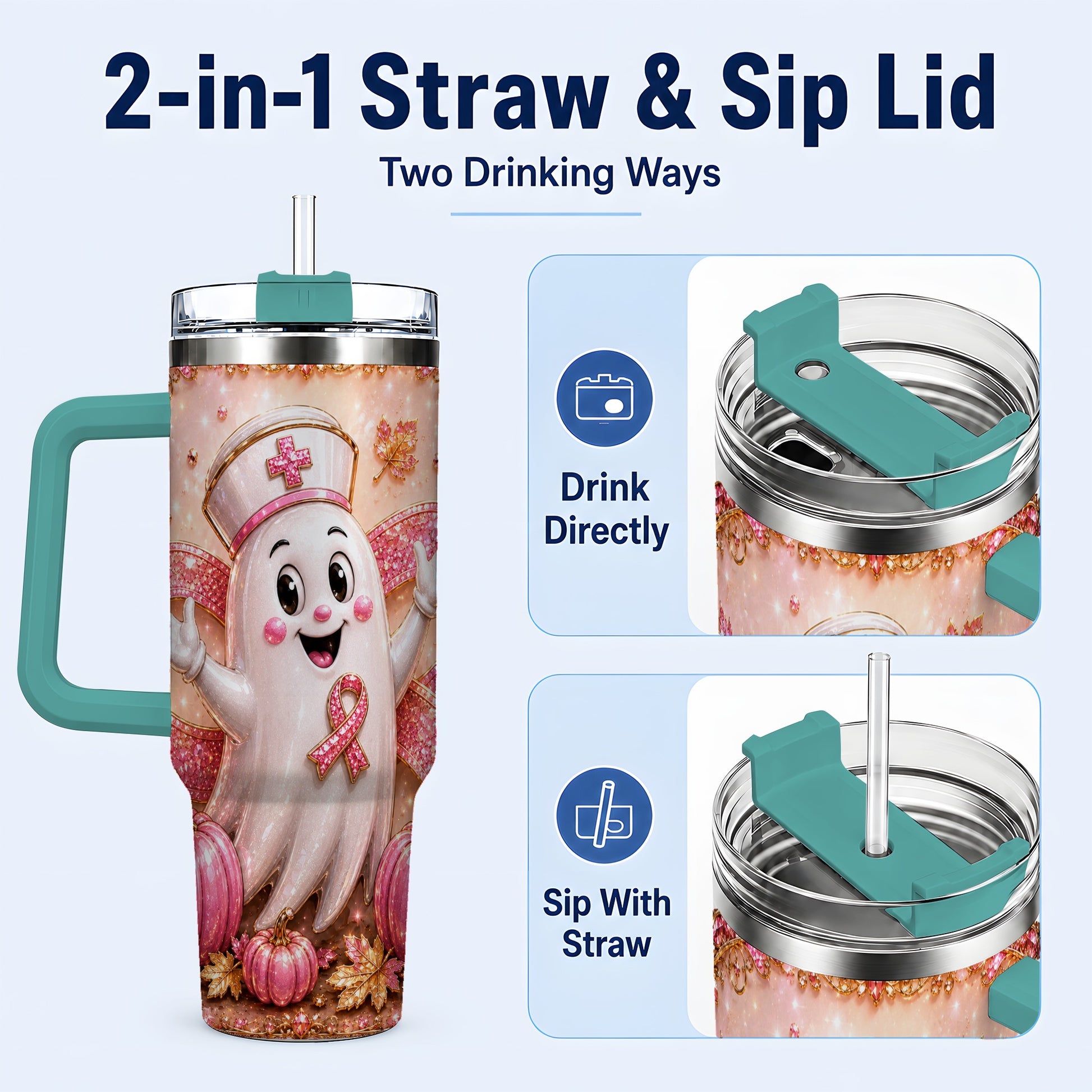 #pl[40oz|Green] Nurse Ghost 40oz Tumbler with Handle, Ribbon Stainless Steel Travel Cup