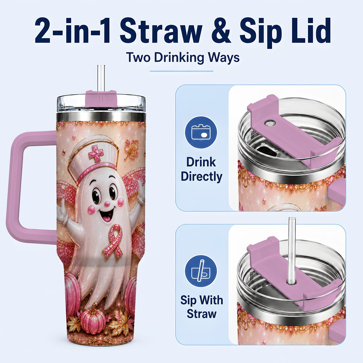 #pl[40oz|Pink] Nurse Ghost 40oz Tumbler with Handle, Ribbon Stainless Steel Travel Cup