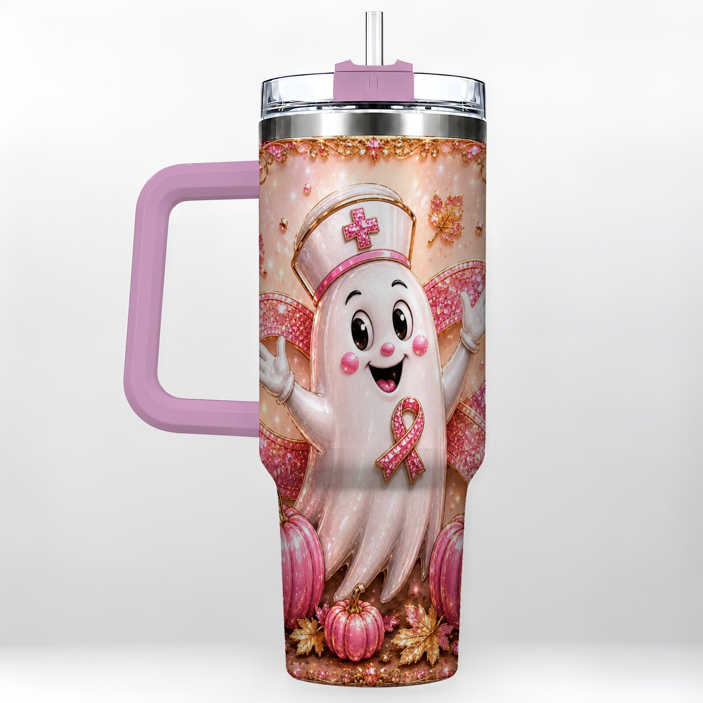 #pl[40oz|Pink] Nurse Ghost 40oz Tumbler with Handle, Ribbon Stainless Steel Travel Cup