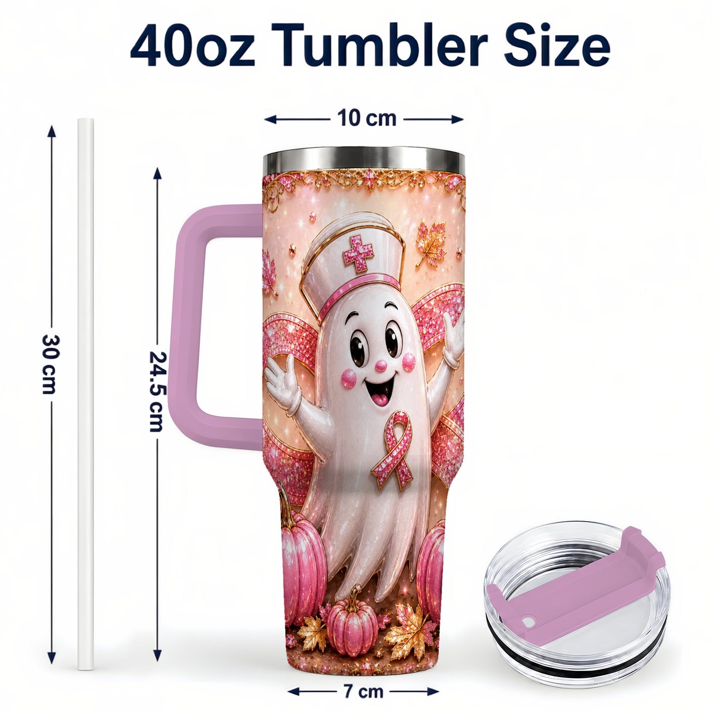 #pl[40oz|Pink] Nurse Ghost 40oz Tumbler with Handle, Ribbon Stainless Steel Travel Cup