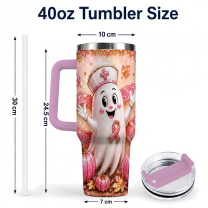 #pl[40oz|Pink] Nurse Ghost 40oz Tumbler with Handle, Ribbon Stainless Steel Travel Cup