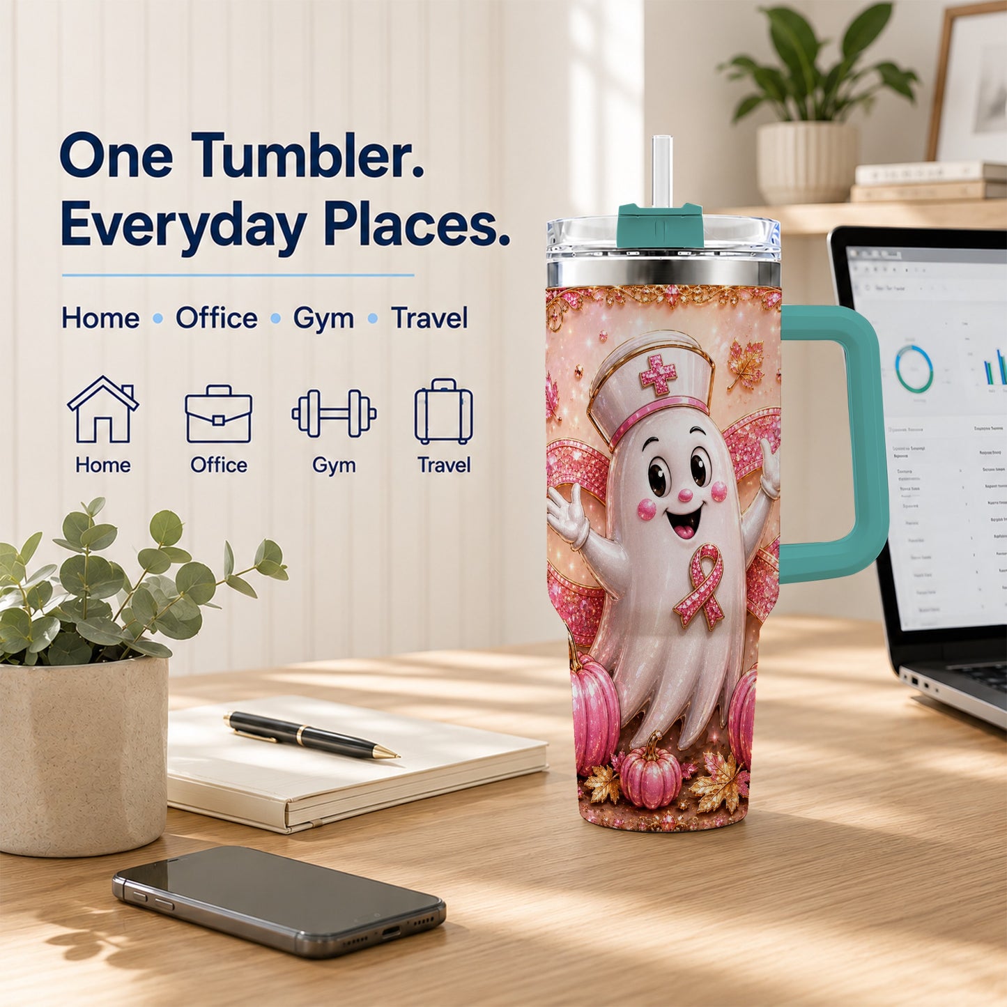 #pl[40oz|Green] Nurse Ghost 40oz Tumbler with Handle, Ribbon Stainless Steel Travel Cup