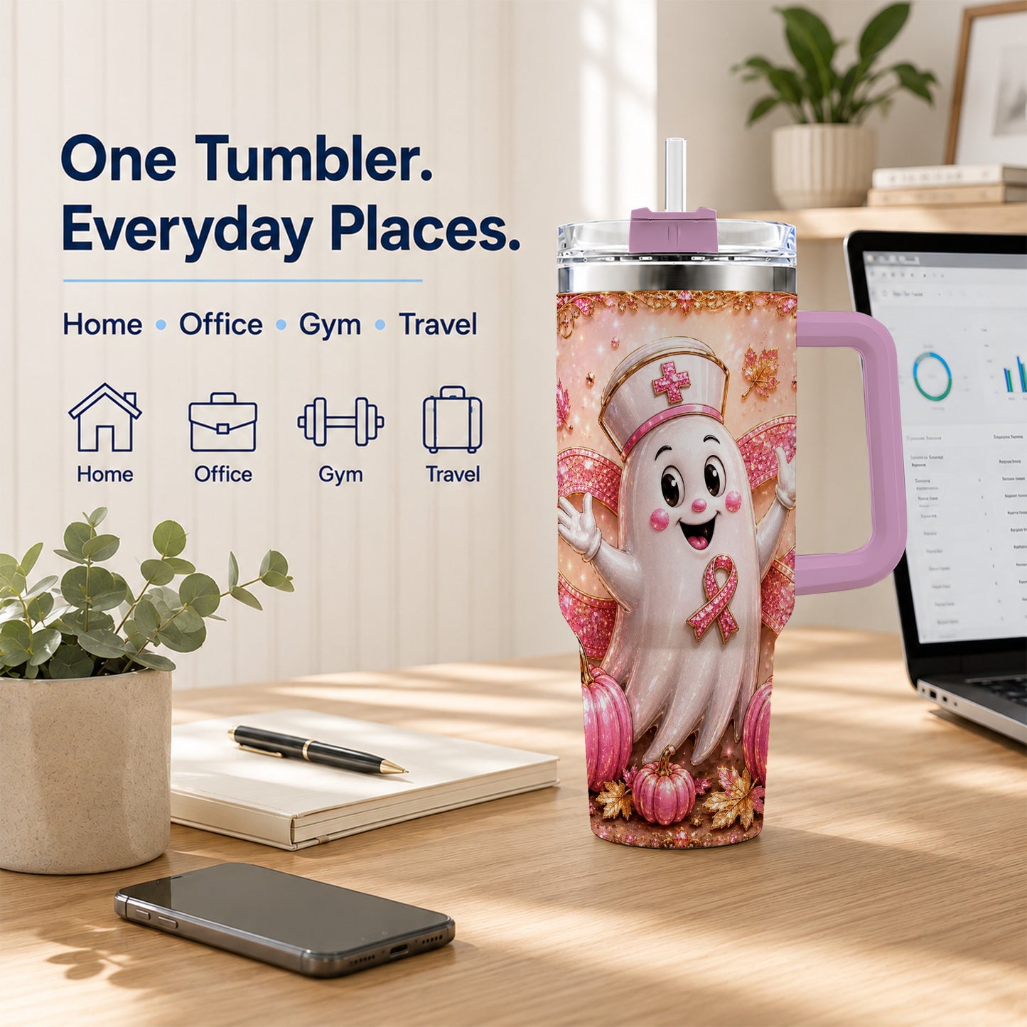#pl[40oz|Pink] Nurse Ghost 40oz Tumbler with Handle, Ribbon Stainless Steel Travel Cup