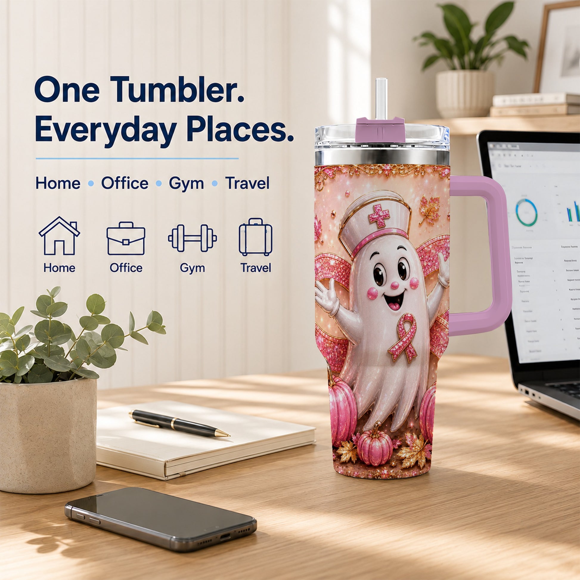 #pl[40oz|Pink] Nurse Ghost 40oz Tumbler with Handle, Ribbon Stainless Steel Travel Cup