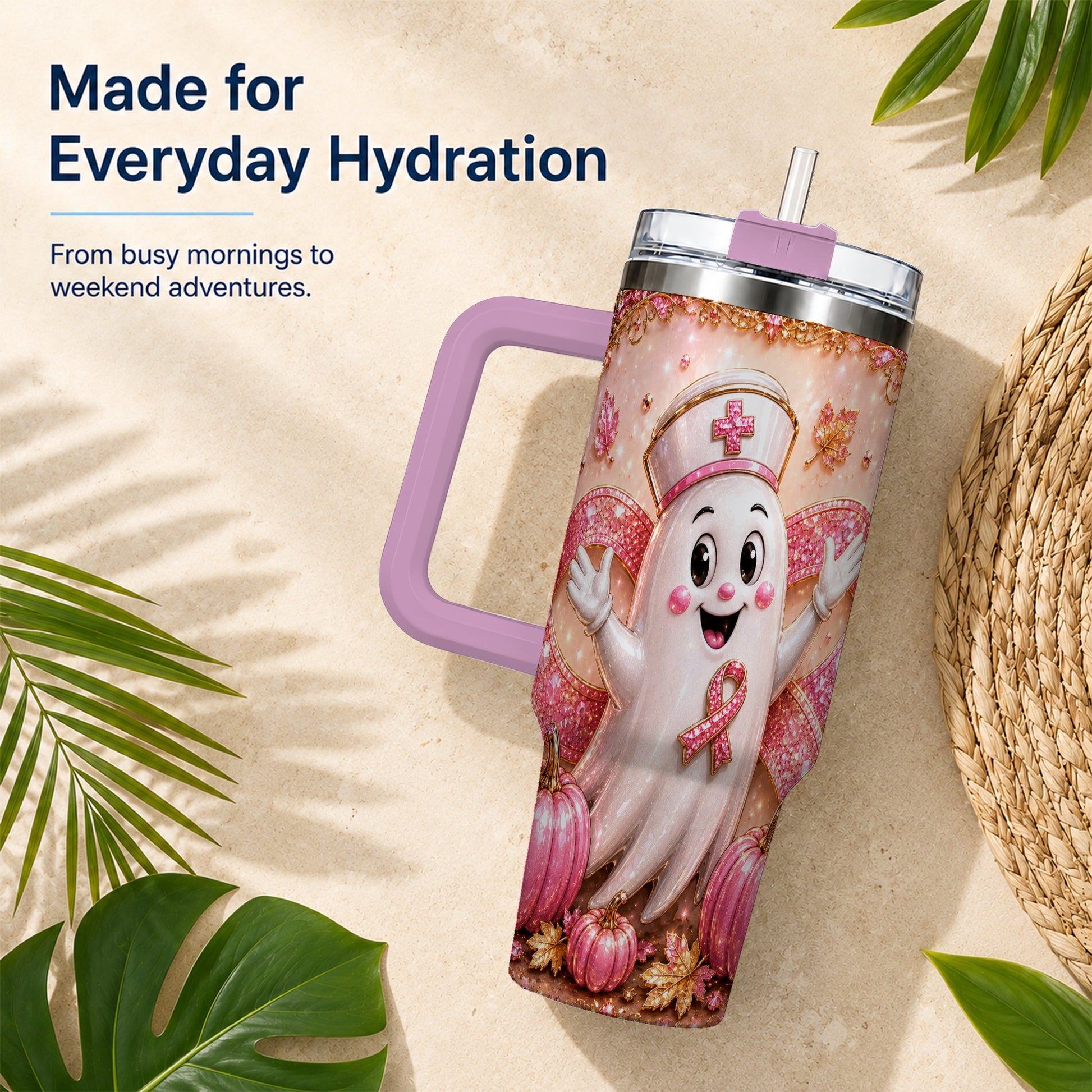 #pl[40oz|Pink] Nurse Ghost 40oz Tumbler with Handle, Ribbon Stainless Steel Travel Cup