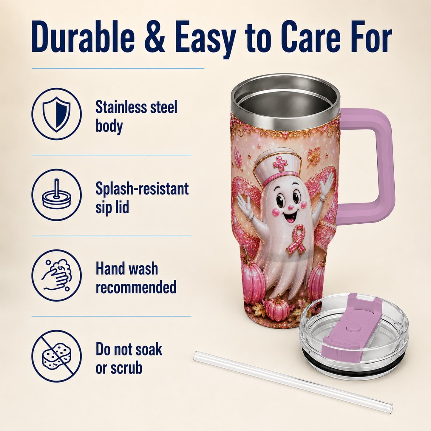 #pl[40oz|Pink] Nurse Ghost 40oz Tumbler with Handle, Ribbon Stainless Steel Travel Cup