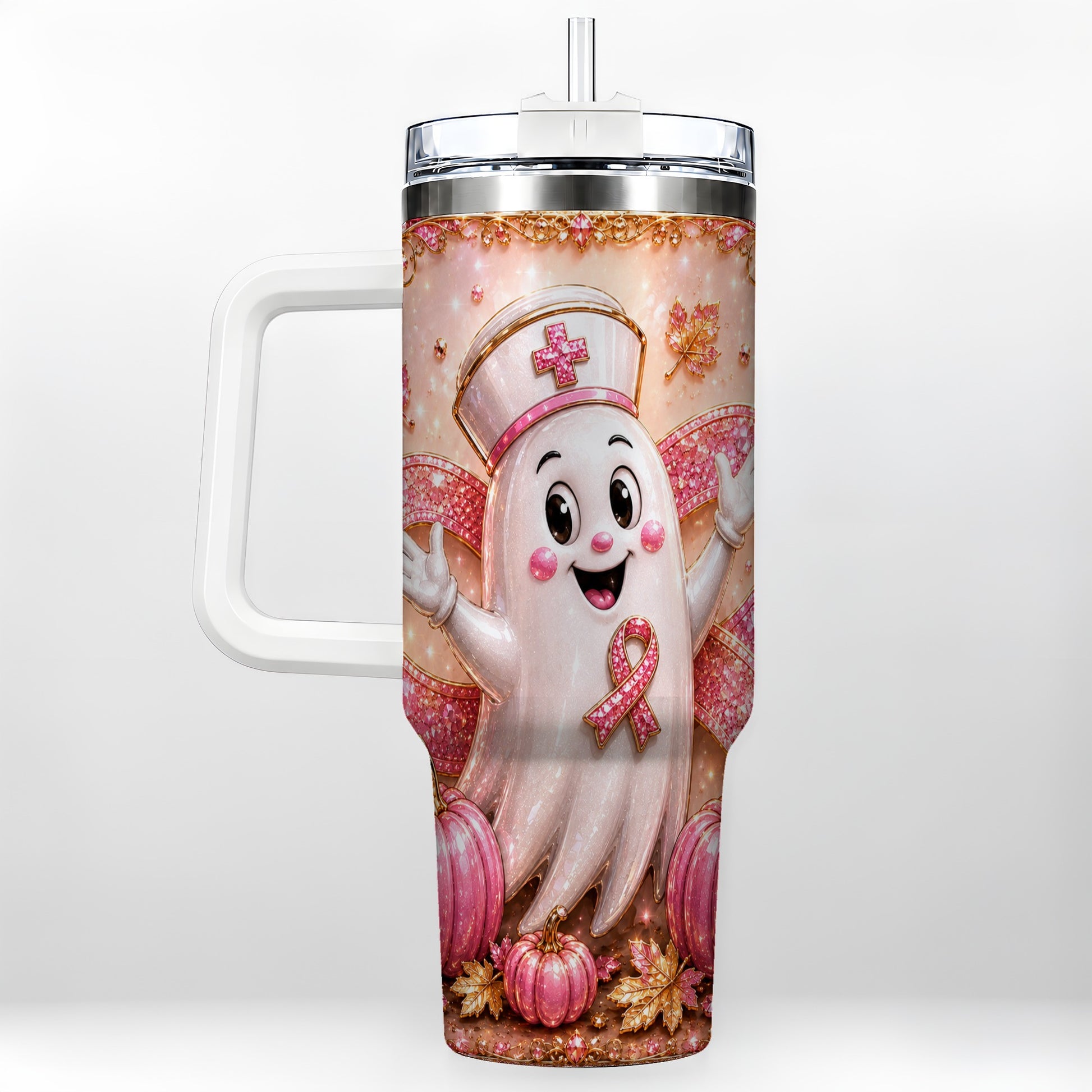 #pl[40oz|White] Nurse Ghost 40oz Tumbler with Handle, Ribbon Stainless Steel Travel Cup
