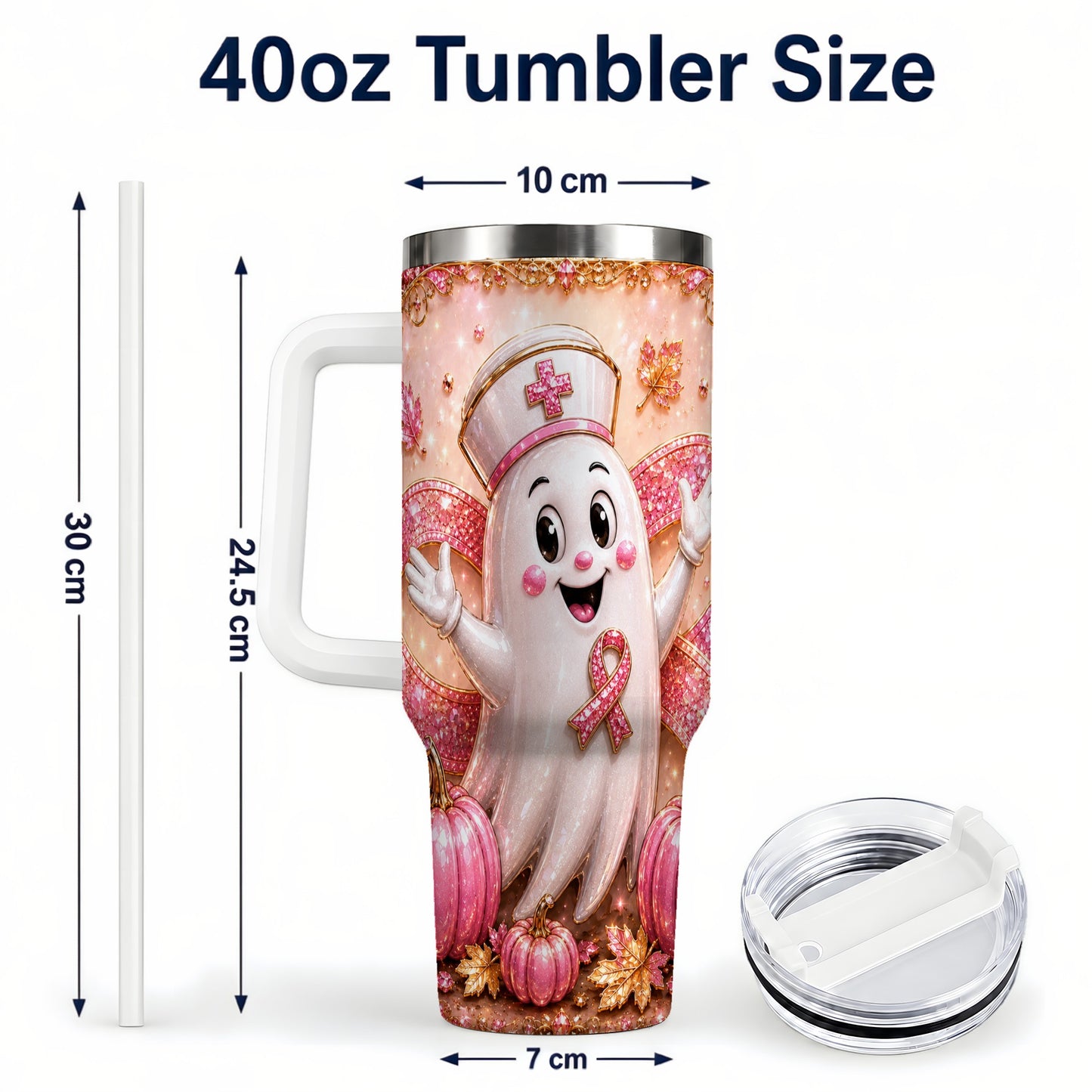 #pl[40oz|White] Nurse Ghost 40oz Tumbler with Handle, Ribbon Stainless Steel Travel Cup