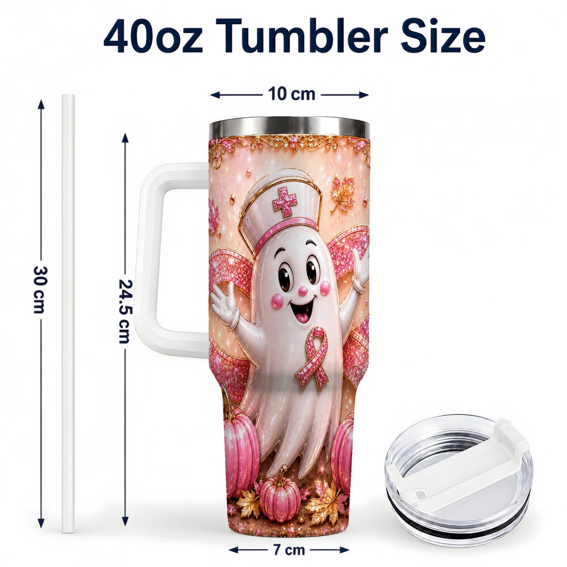 #pl[40oz|White] Nurse Ghost 40oz Tumbler with Handle, Ribbon Stainless Steel Travel Cup
