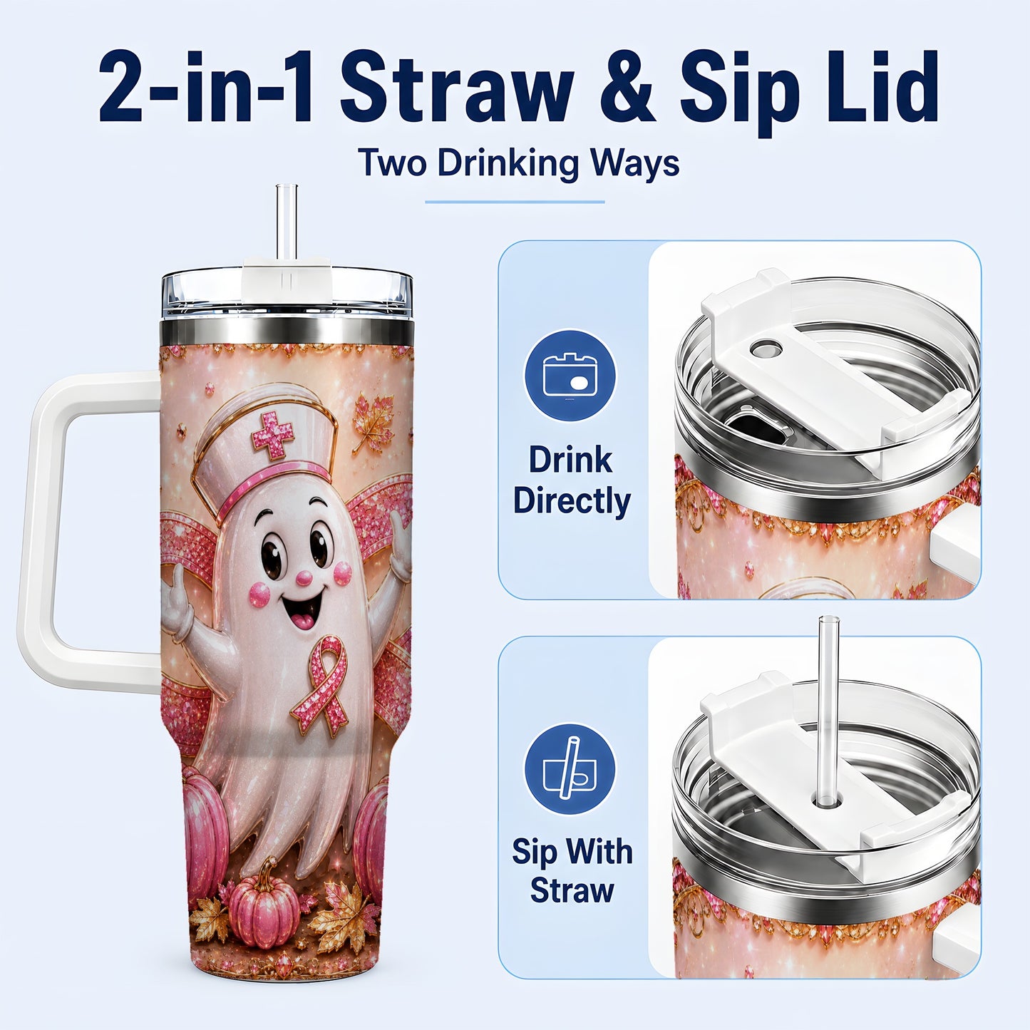 #pl[40oz|White] Nurse Ghost 40oz Tumbler with Handle, Ribbon Stainless Steel Travel Cup