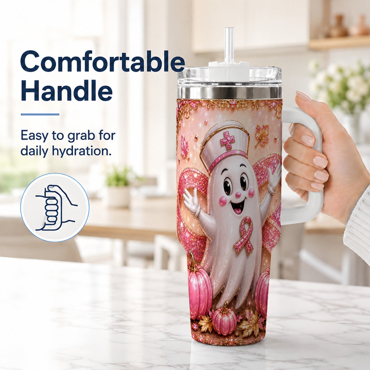 #pl[40oz|White] Nurse Ghost 40oz Tumbler with Handle, Ribbon Stainless Steel Travel Cup