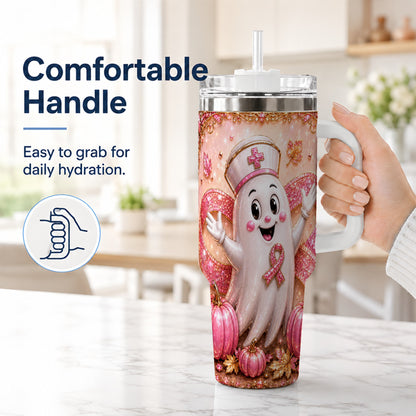 #pl[40oz|White] Nurse Ghost 40oz Tumbler with Handle, Ribbon Stainless Steel Travel Cup