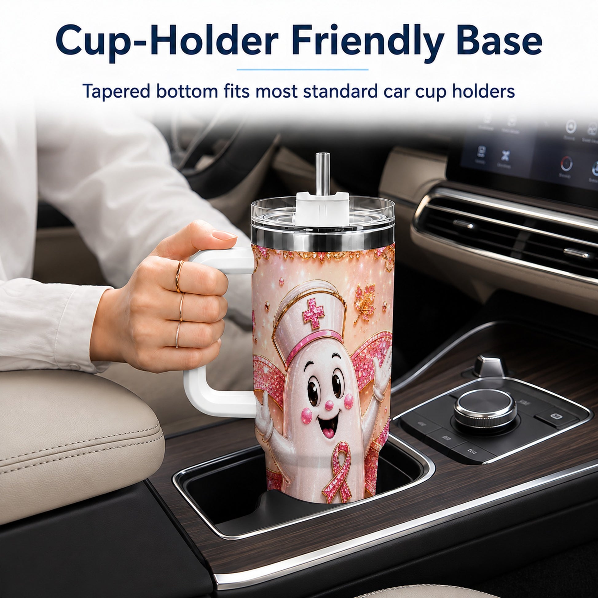 #pl[40oz|White] Nurse Ghost 40oz Tumbler with Handle, Ribbon Stainless Steel Travel Cup