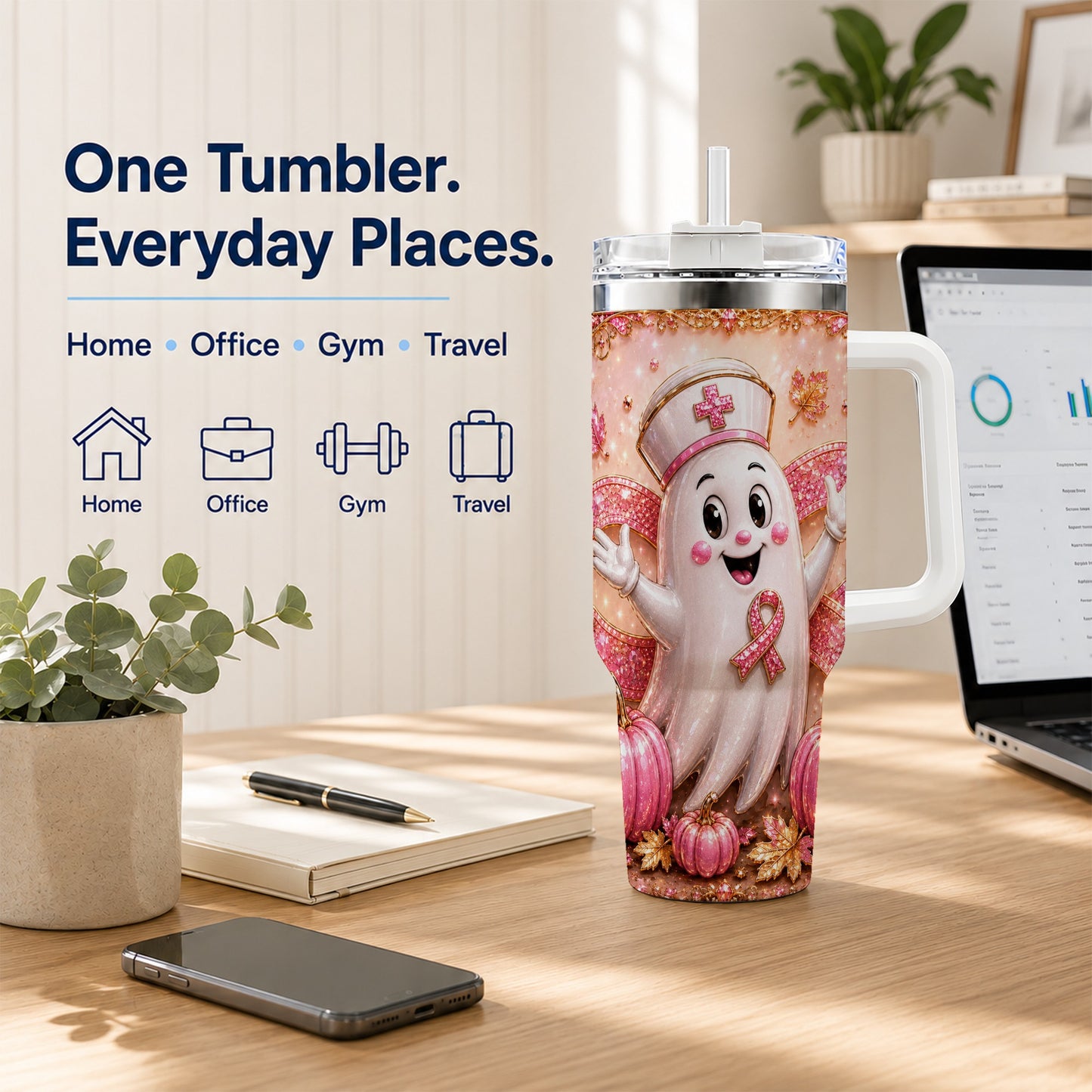 #pl[40oz|White] Nurse Ghost 40oz Tumbler with Handle, Ribbon Stainless Steel Travel Cup