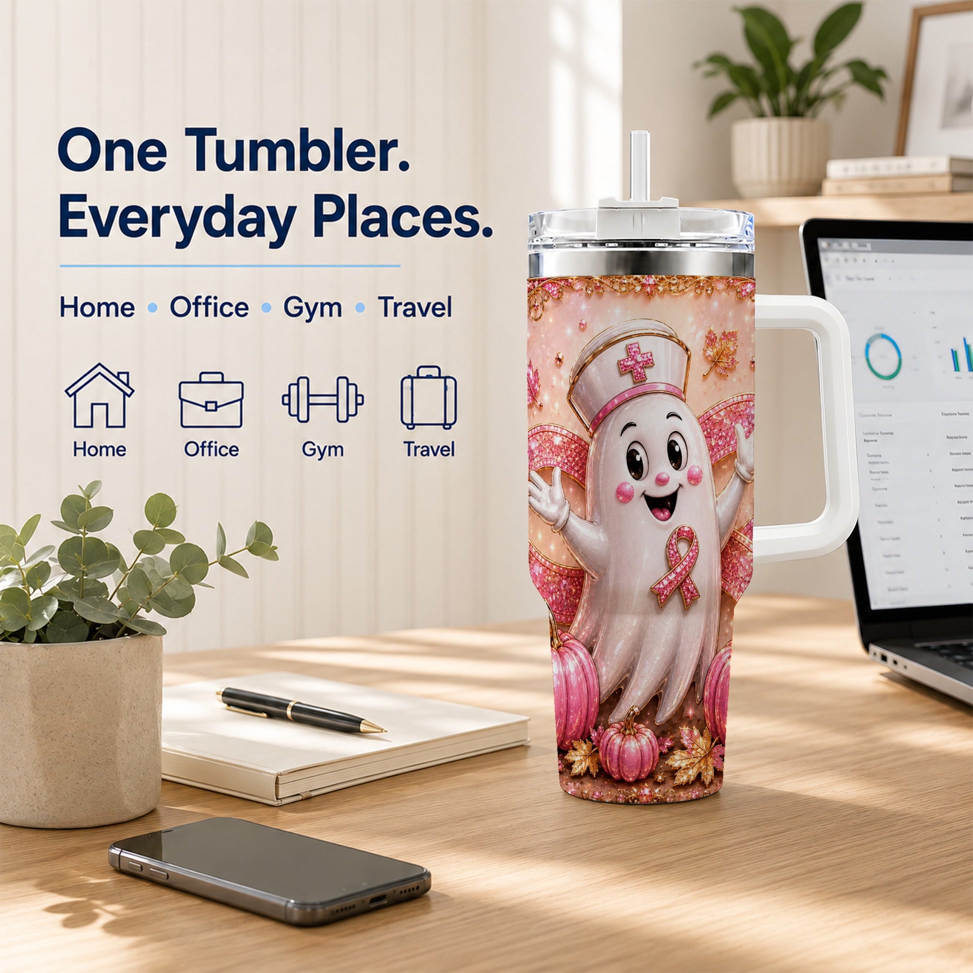 #pl[40oz|White] Nurse Ghost 40oz Tumbler with Handle, Ribbon Stainless Steel Travel Cup