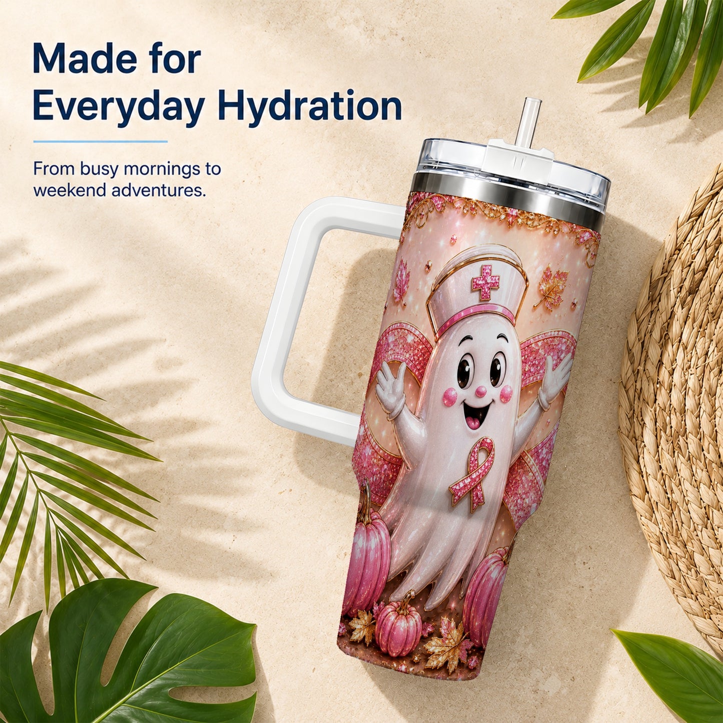 #pl[40oz|White] Nurse Ghost 40oz Tumbler with Handle, Ribbon Stainless Steel Travel Cup
