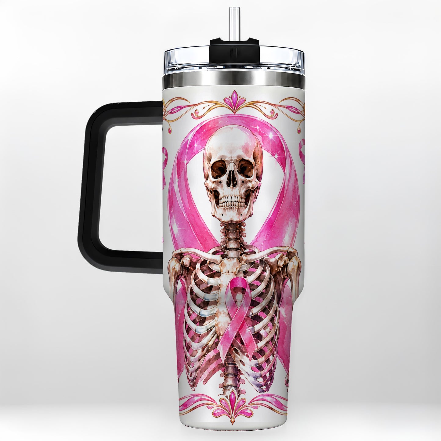 #pl[40oz|Black] Skeleton 40oz Tumbler with Handle, Pink Ribbon Stainless Steel Travel Cup