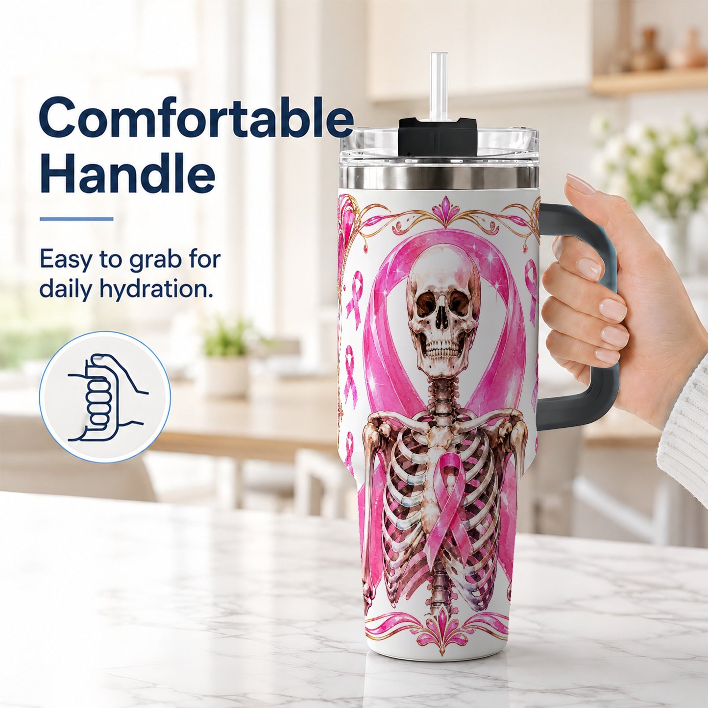 #pl[40oz|Black] Skeleton 40oz Tumbler with Handle, Pink Ribbon Stainless Steel Travel Cup