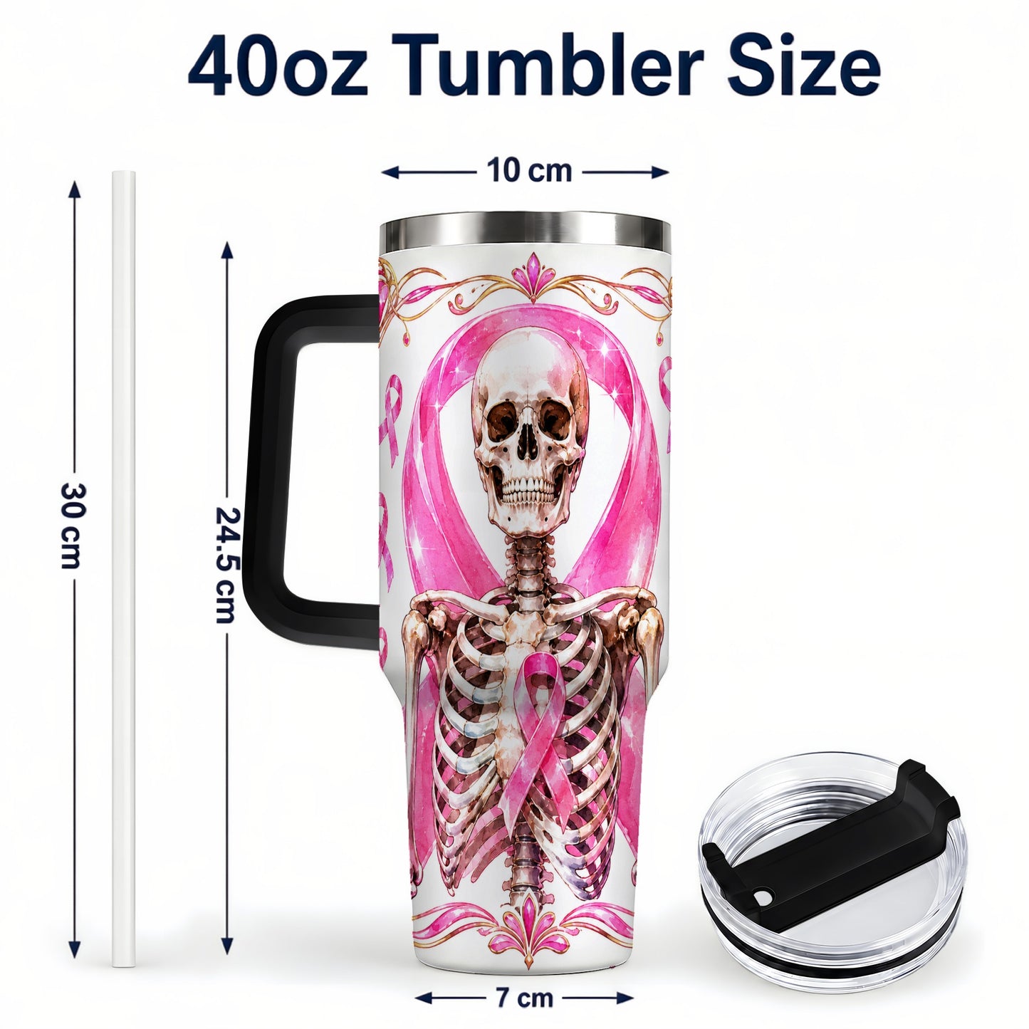#pl[40oz|Black] Skeleton 40oz Tumbler with Handle, Pink Ribbon Stainless Steel Travel Cup