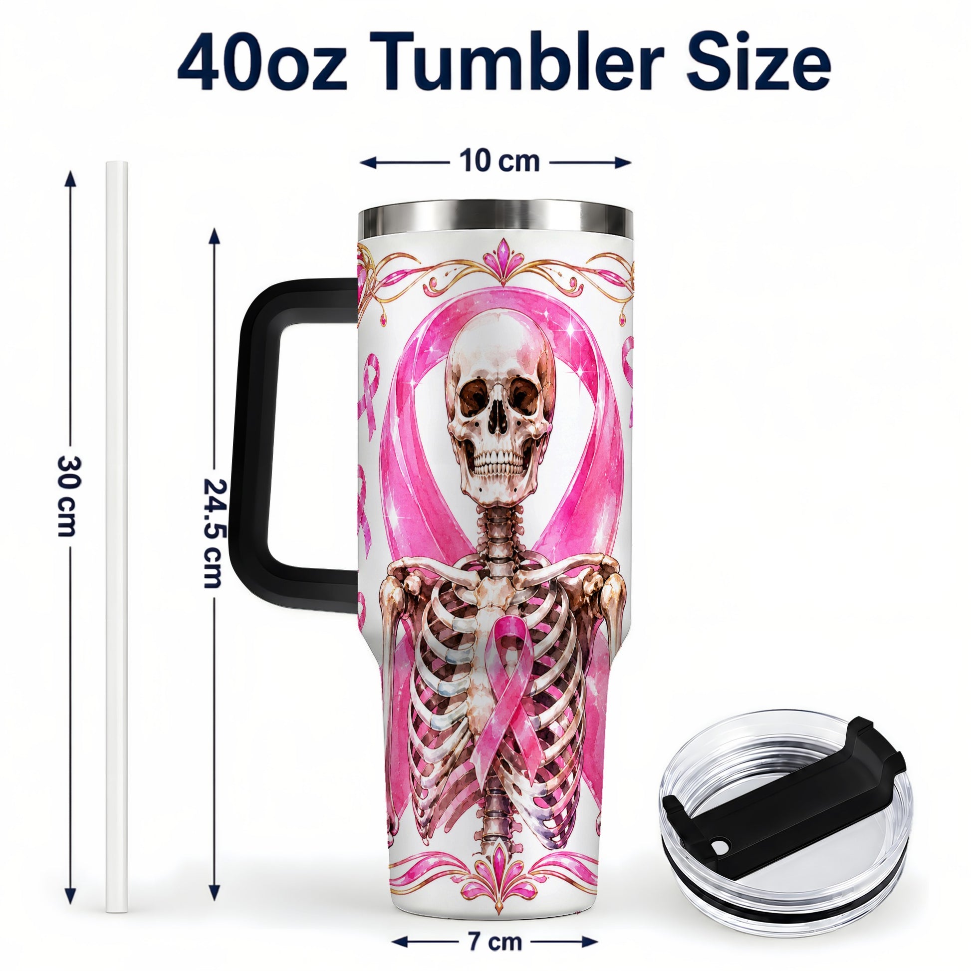 #pl[40oz|Black] Skeleton 40oz Tumbler with Handle, Pink Ribbon Stainless Steel Travel Cup