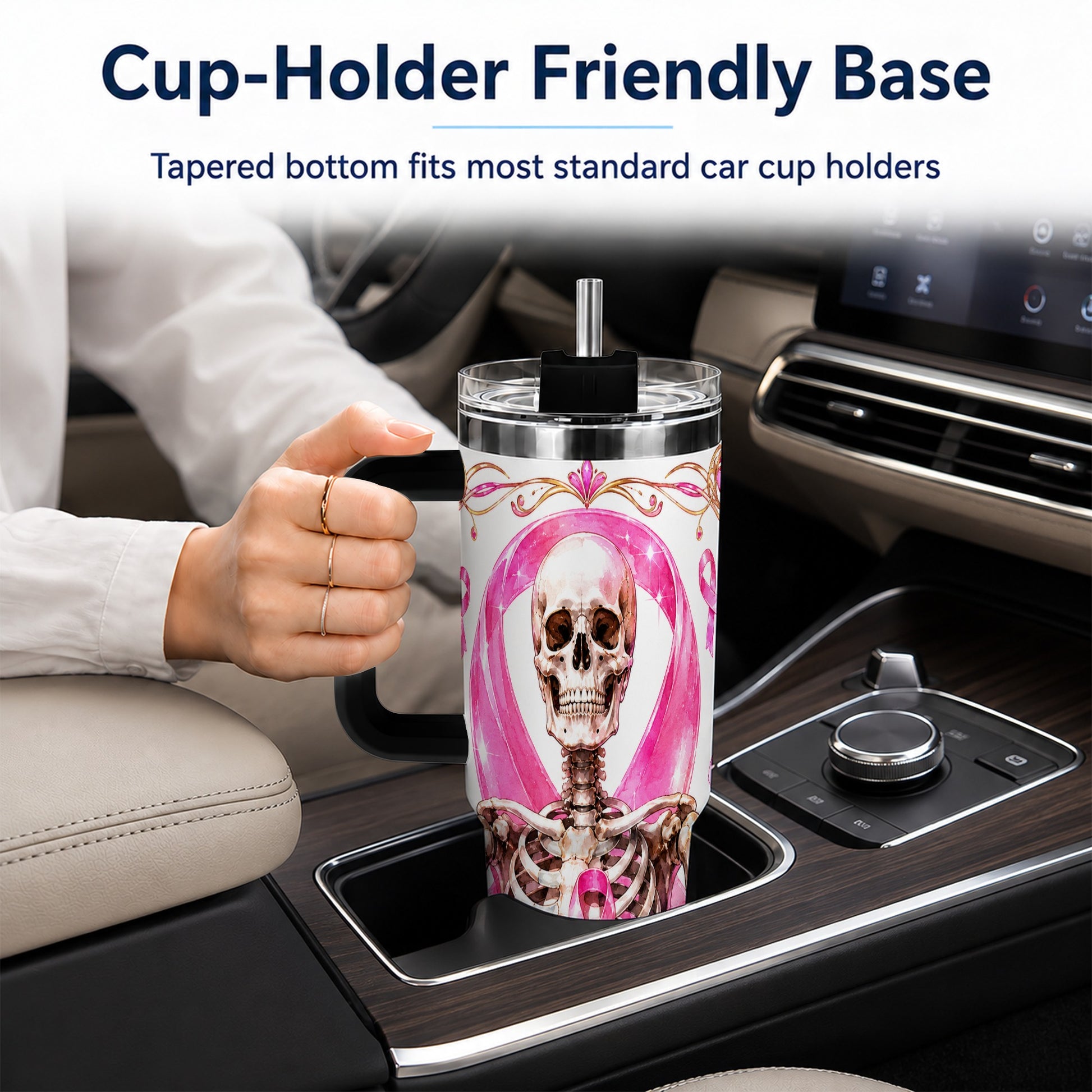 #pl[40oz|Black] Skeleton 40oz Tumbler with Handle, Pink Ribbon Stainless Steel Travel Cup