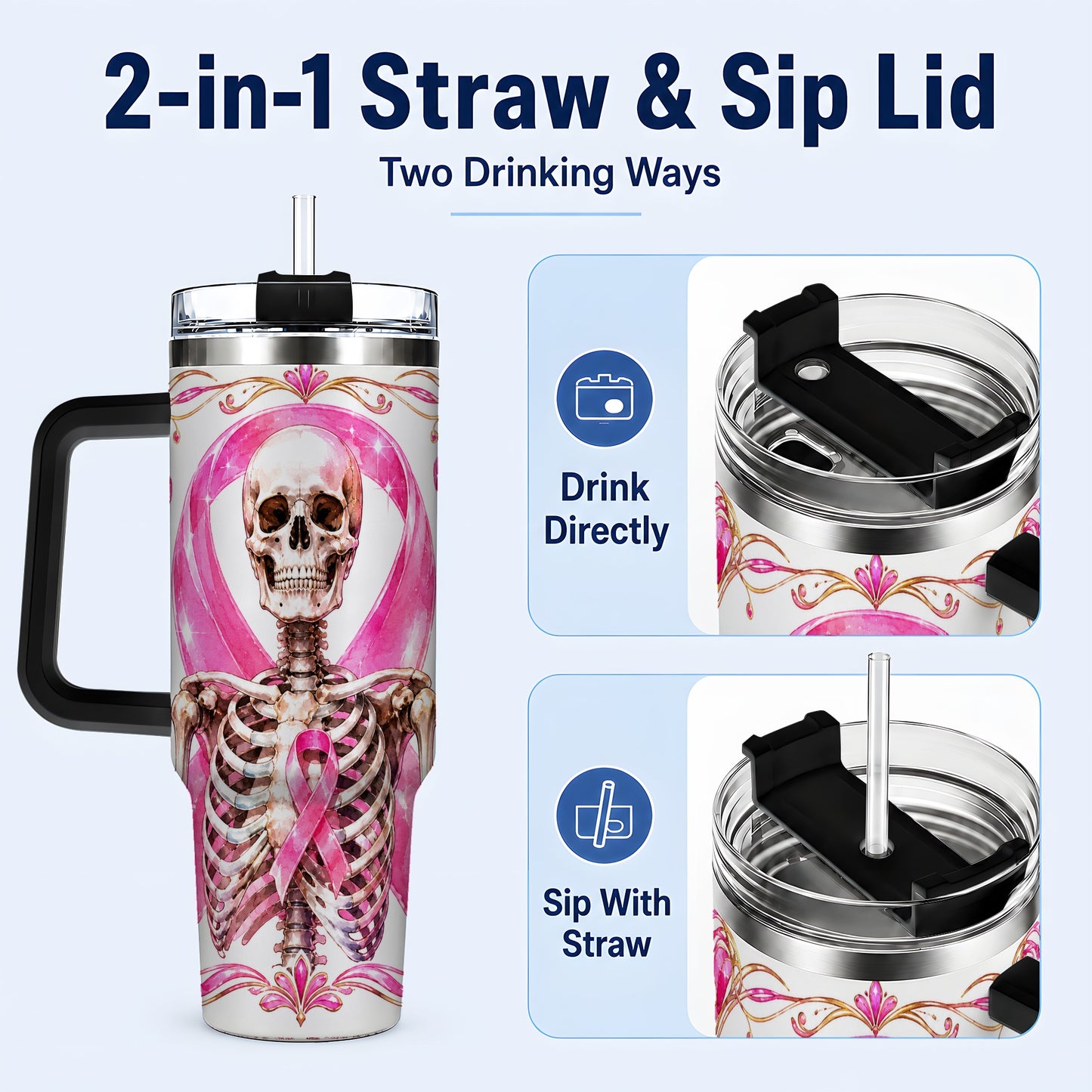#pl[40oz|Black] Skeleton 40oz Tumbler with Handle, Pink Ribbon Stainless Steel Travel Cup
