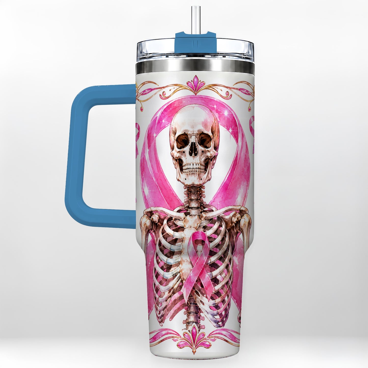 #pl[40oz|Blue] Skeleton 40oz Tumbler with Handle, Pink Ribbon Stainless Steel Travel Cup
