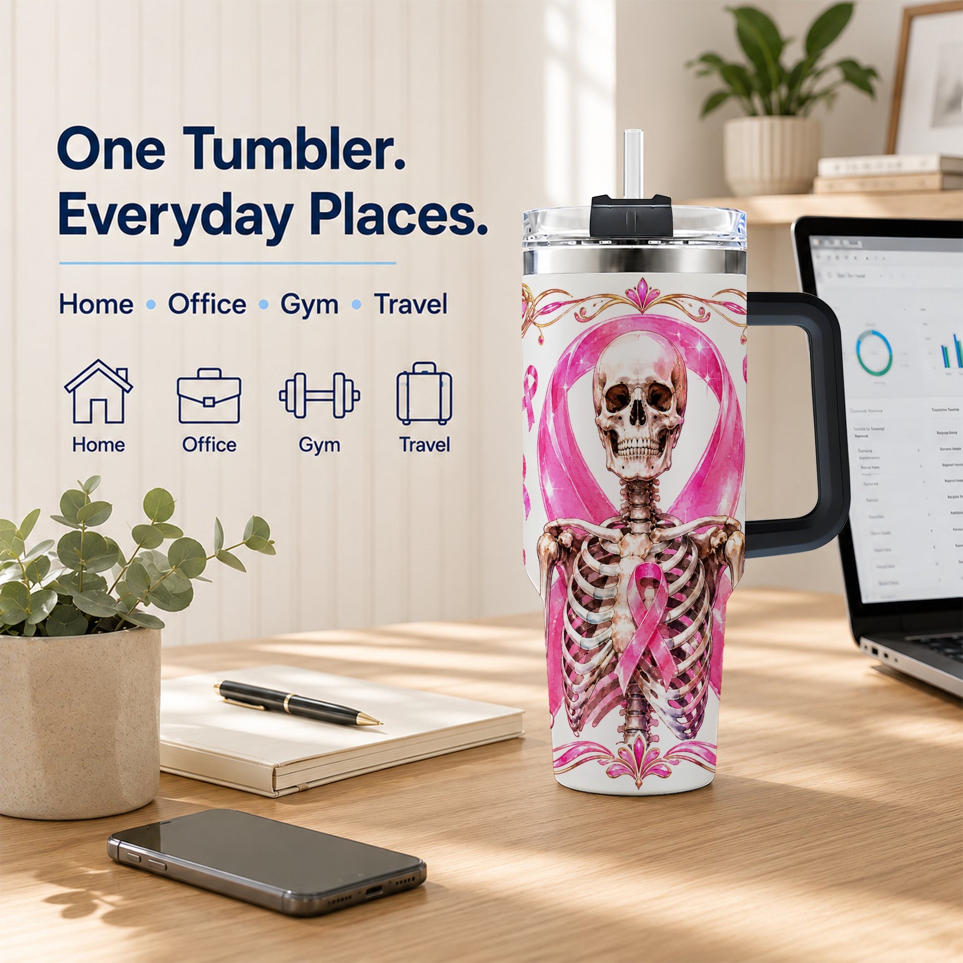 #pl[40oz|Black] Skeleton 40oz Tumbler with Handle, Pink Ribbon Stainless Steel Travel Cup