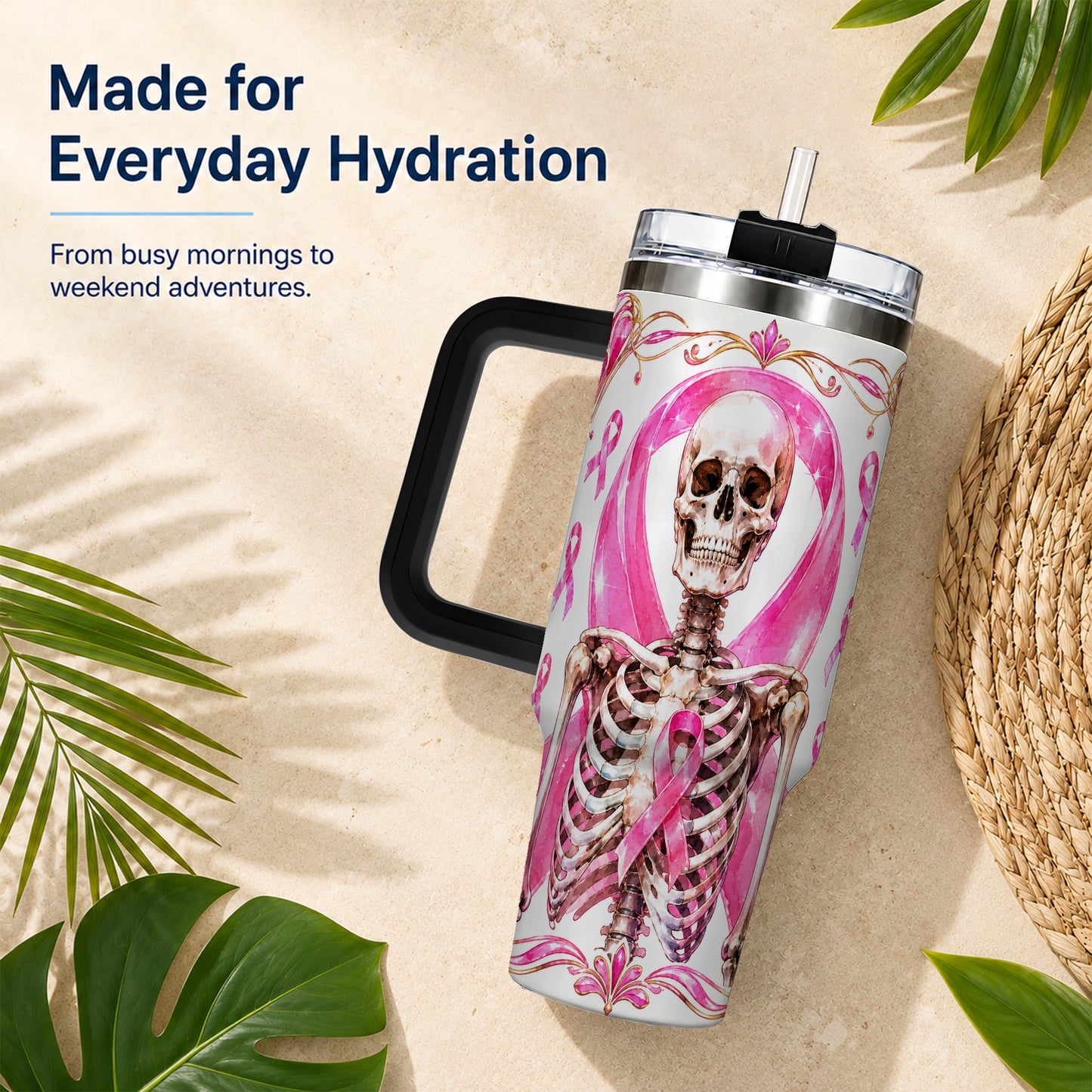 #pl[40oz|Black] Skeleton 40oz Tumbler with Handle, Pink Ribbon Stainless Steel Travel Cup