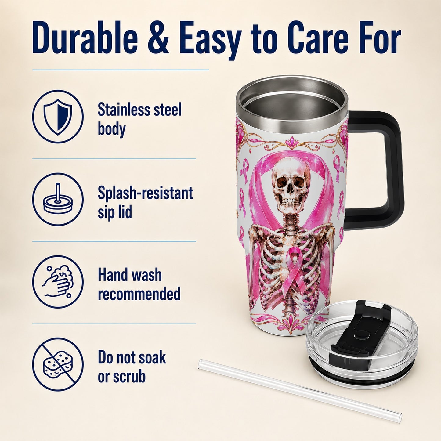 #pl[40oz|Black] Skeleton 40oz Tumbler with Handle, Pink Ribbon Stainless Steel Travel Cup