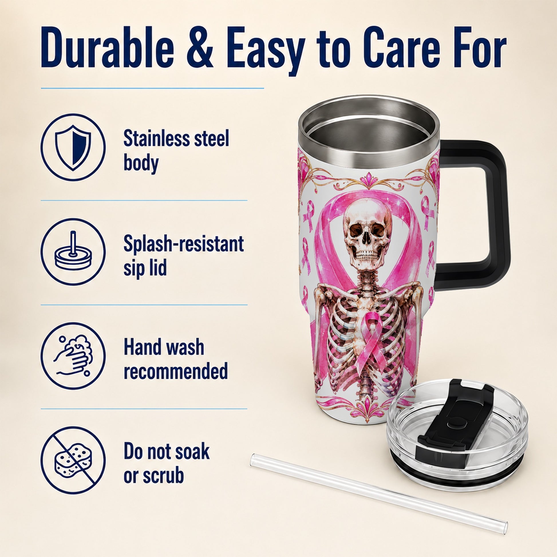 #pl[40oz|Black] Skeleton 40oz Tumbler with Handle, Pink Ribbon Stainless Steel Travel Cup