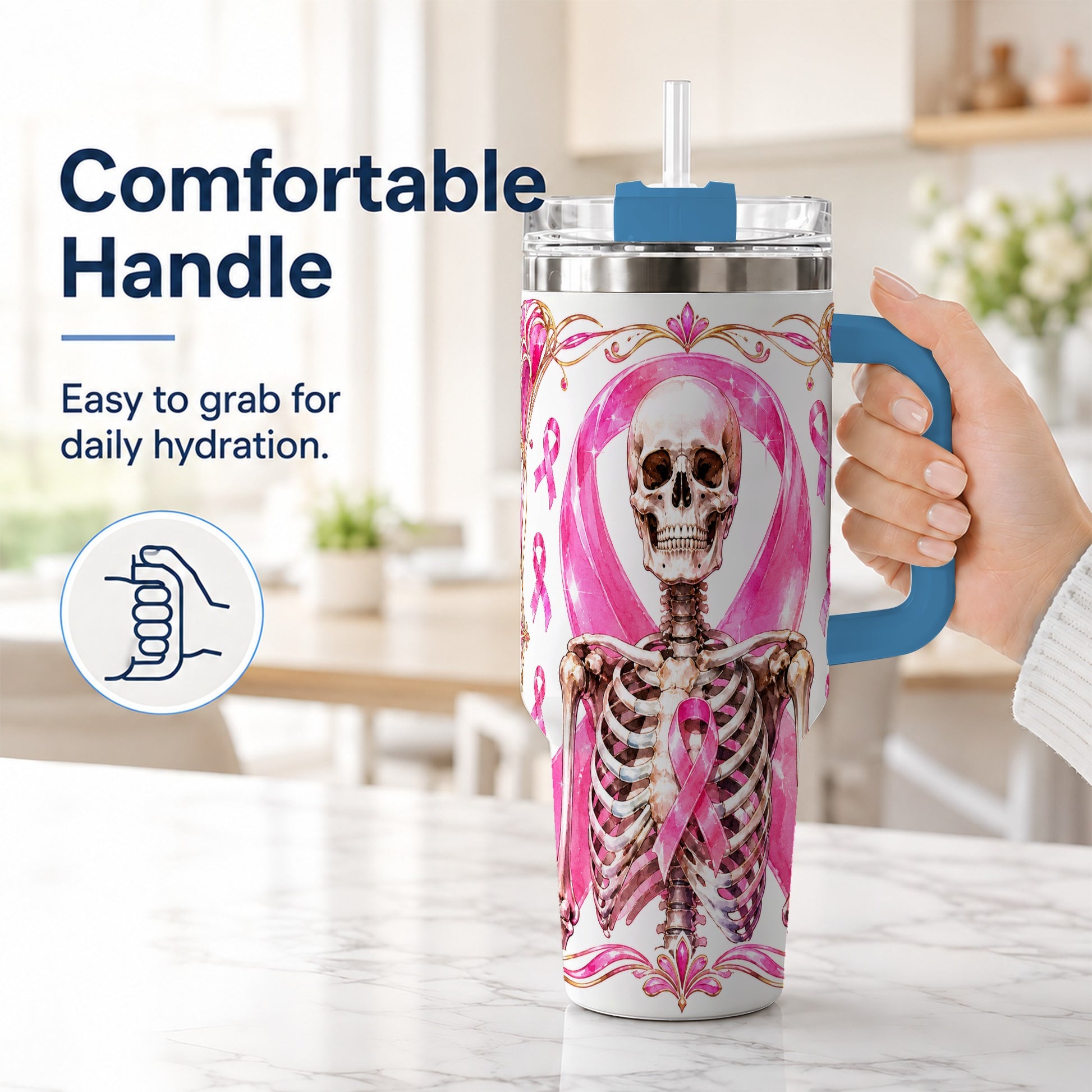 #pl[40oz|Blue] Skeleton 40oz Tumbler with Handle, Pink Ribbon Stainless Steel Travel Cup