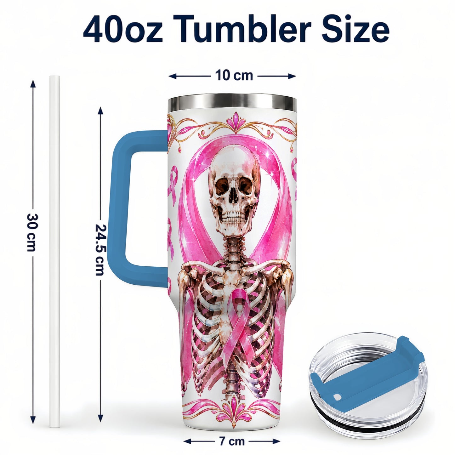 #pl[40oz|Blue] Skeleton 40oz Tumbler with Handle, Pink Ribbon Stainless Steel Travel Cup
