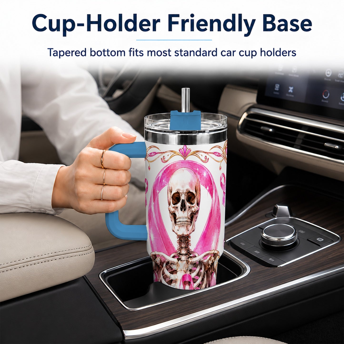 #pl[40oz|Blue] Skeleton 40oz Tumbler with Handle, Pink Ribbon Stainless Steel Travel Cup