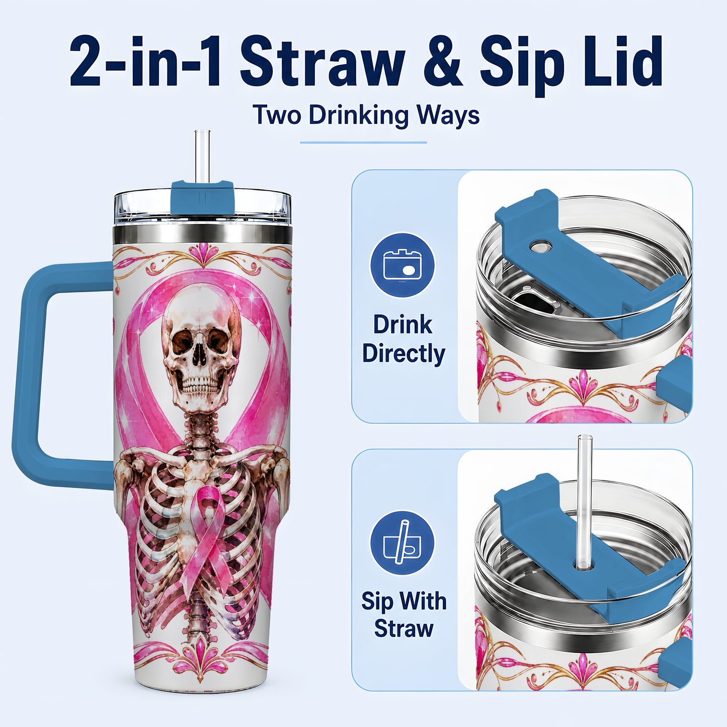 #pl[40oz|Blue] Skeleton 40oz Tumbler with Handle, Pink Ribbon Stainless Steel Travel Cup