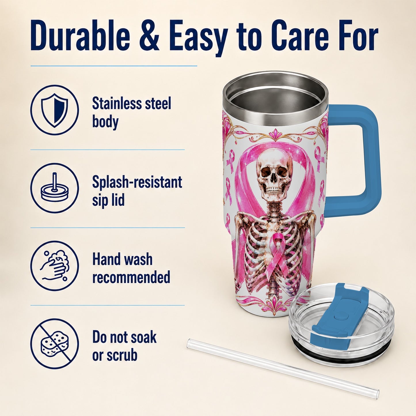 #pl[40oz|Blue] Skeleton 40oz Tumbler with Handle, Pink Ribbon Stainless Steel Travel Cup