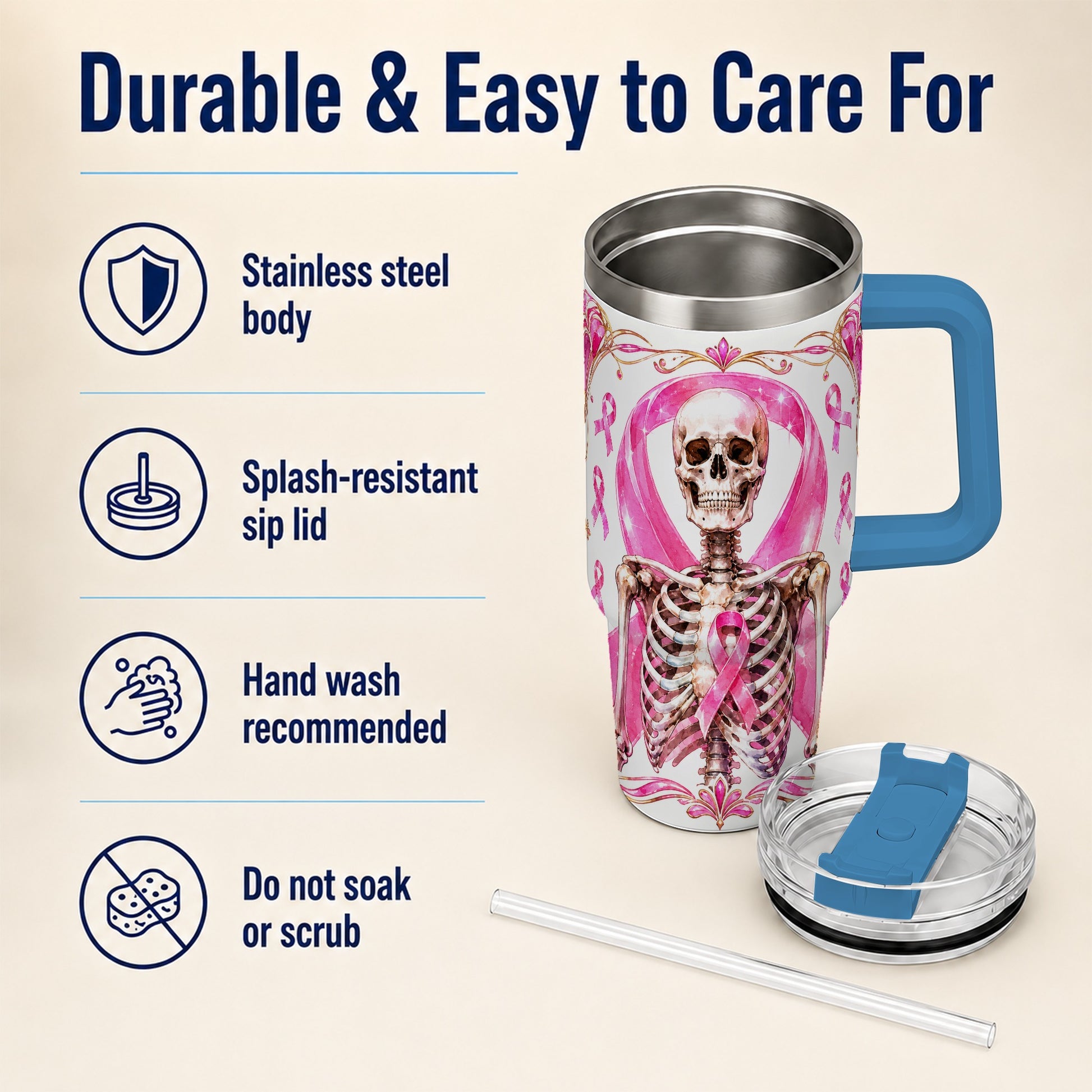 #pl[40oz|Blue] Skeleton 40oz Tumbler with Handle, Pink Ribbon Stainless Steel Travel Cup