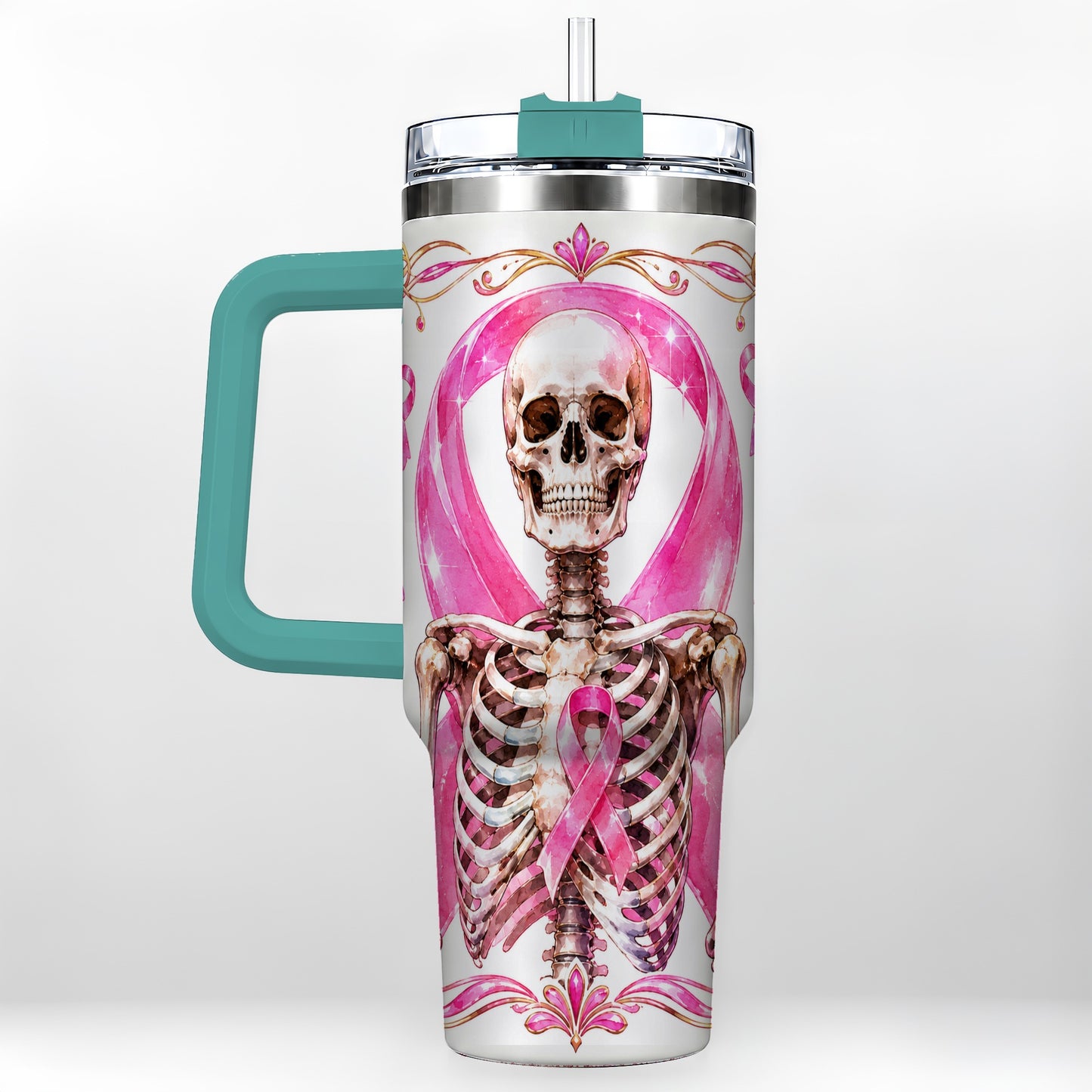 #pl[40oz|Green] Skeleton 40oz Tumbler with Handle, Pink Ribbon Stainless Steel Travel Cup