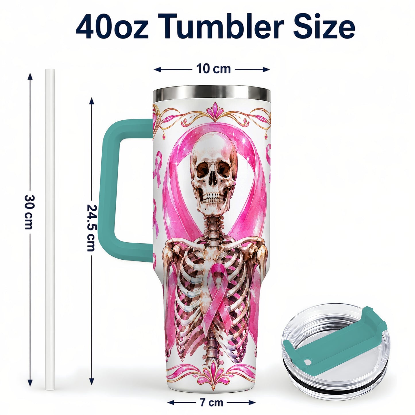 #pl[40oz|Green] Skeleton 40oz Tumbler with Handle, Pink Ribbon Stainless Steel Travel Cup