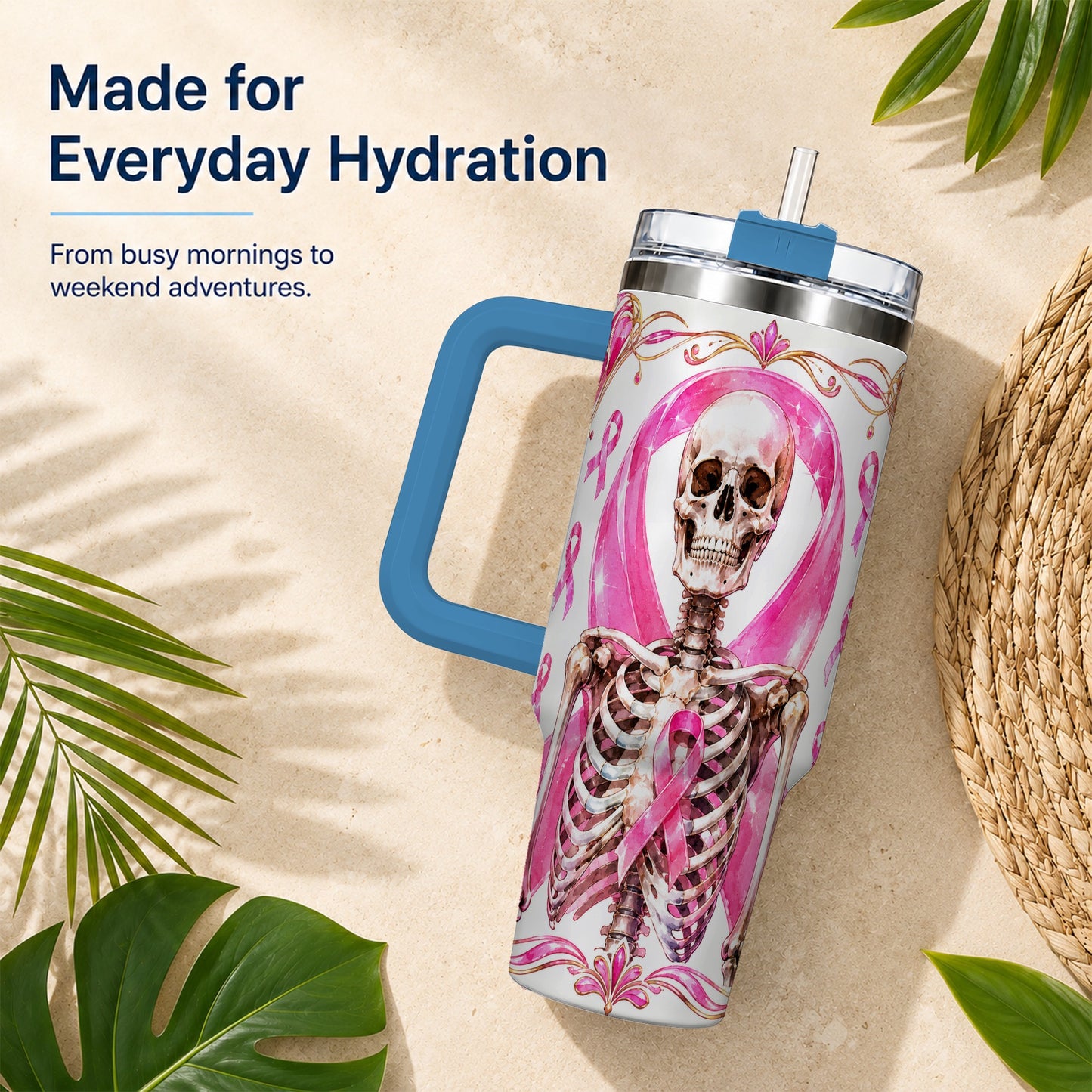 #pl[40oz|Blue] Skeleton 40oz Tumbler with Handle, Pink Ribbon Stainless Steel Travel Cup
