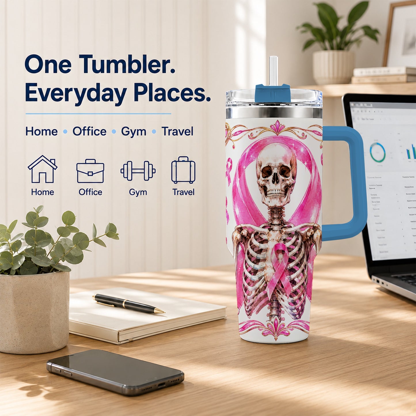 #pl[40oz|Blue] Skeleton 40oz Tumbler with Handle, Pink Ribbon Stainless Steel Travel Cup