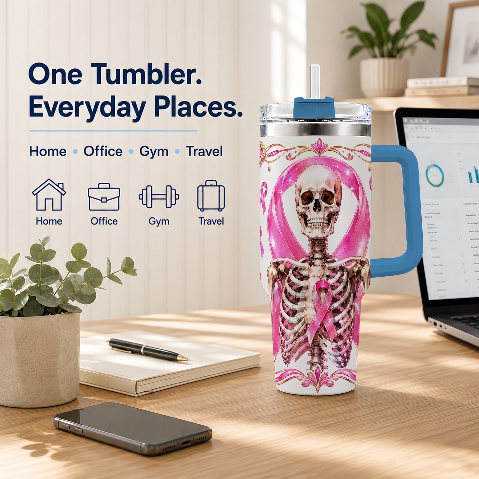 #pl[40oz|Blue] Skeleton 40oz Tumbler with Handle, Pink Ribbon Stainless Steel Travel Cup